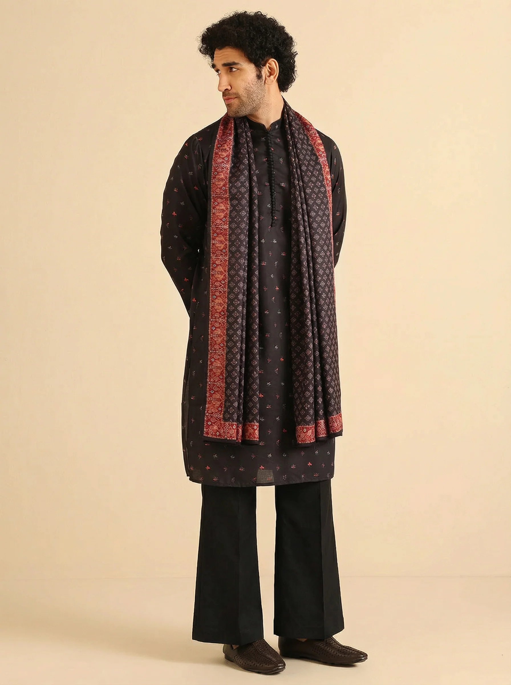 Black Cotton Blend Printed Kurta Wide Leg Trouser Set With Dupatta - Image 7