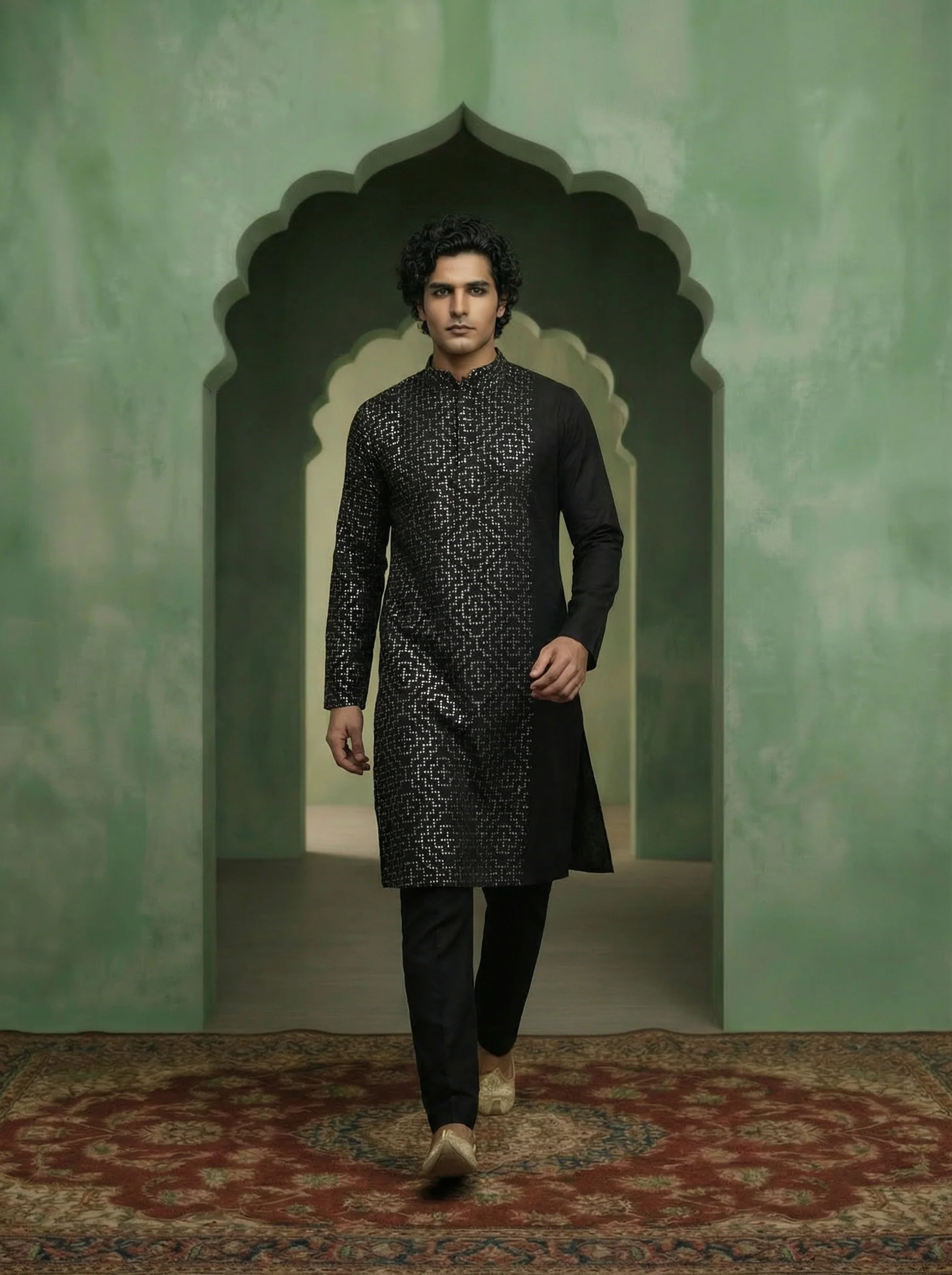 Black Cotton Blend Printed Long Kurta