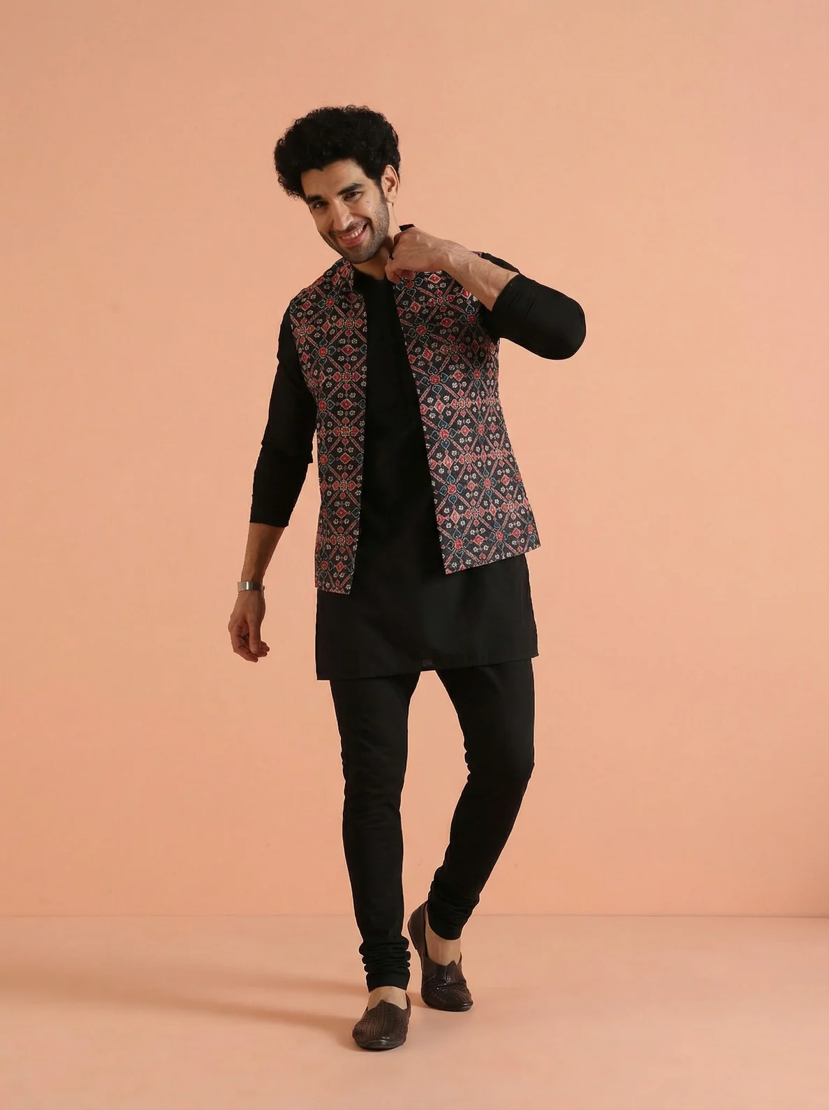 Black Cotton Blend Printed Mid Kurta Front Open Jacket Churidar Set - Image 2