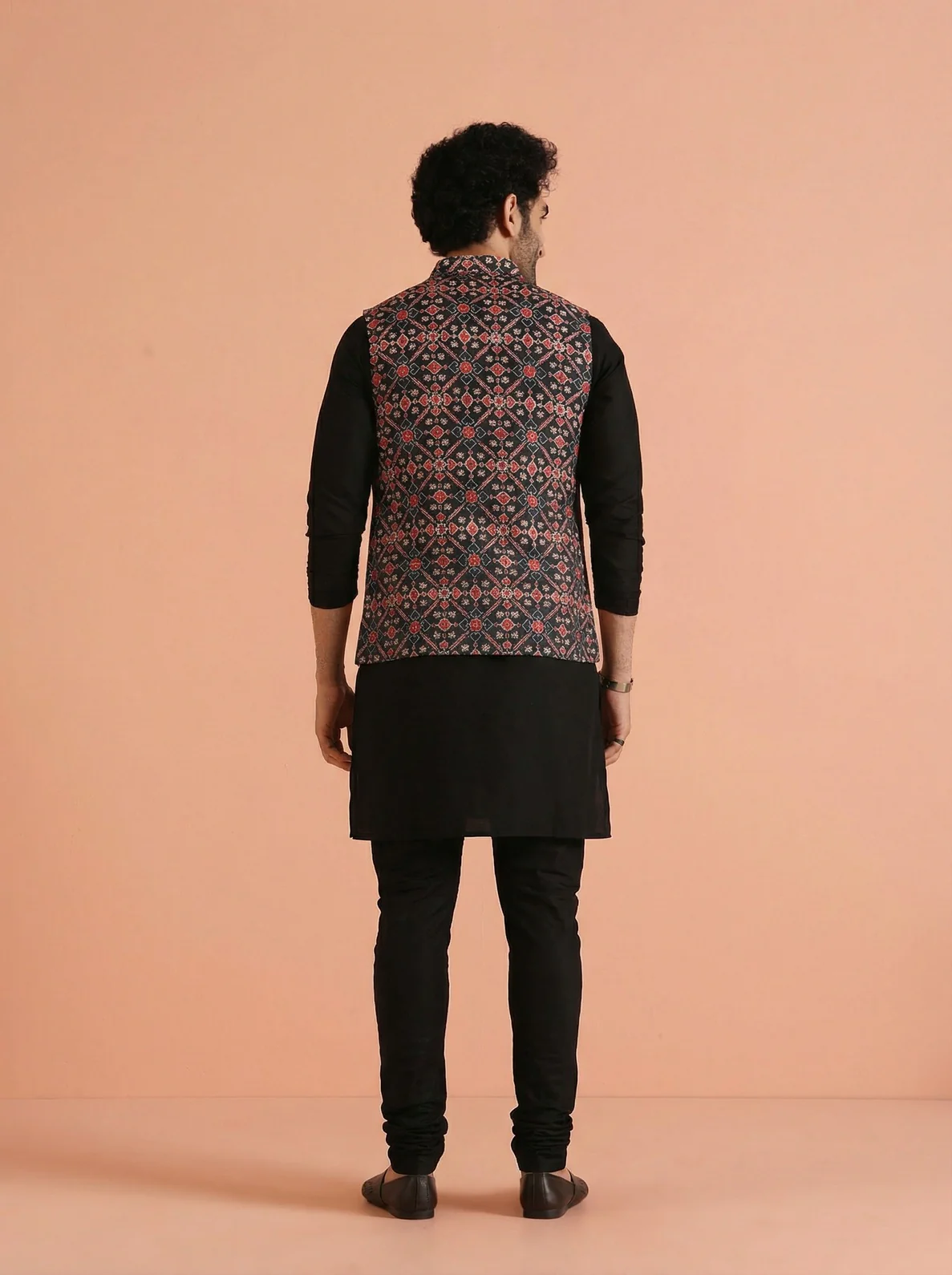 Black Cotton Blend Printed Mid Kurta Front Open Jacket Churidar Set - Image 3