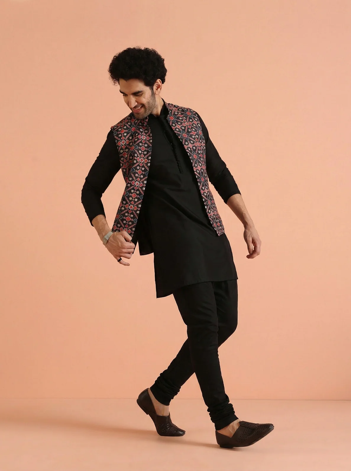 Black Cotton Blend Printed Mid Kurta Front Open Jacket Churidar Set - Image 6