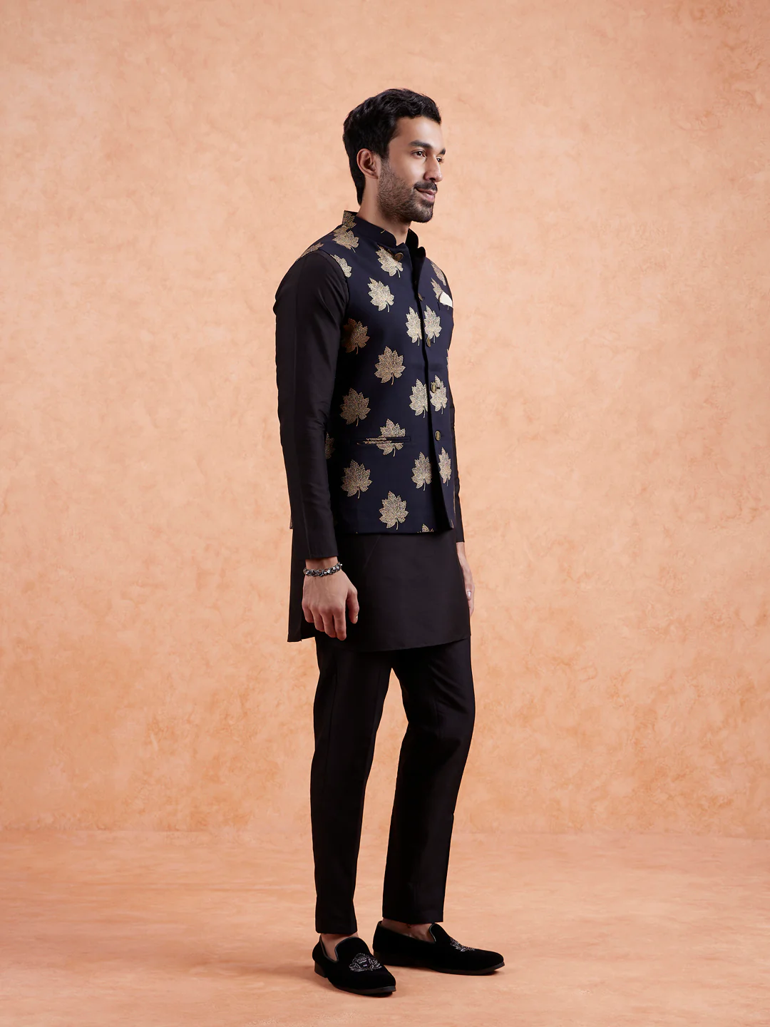 Black Silk Blend Golden Leaf Jacket Kurta Set - Image 3