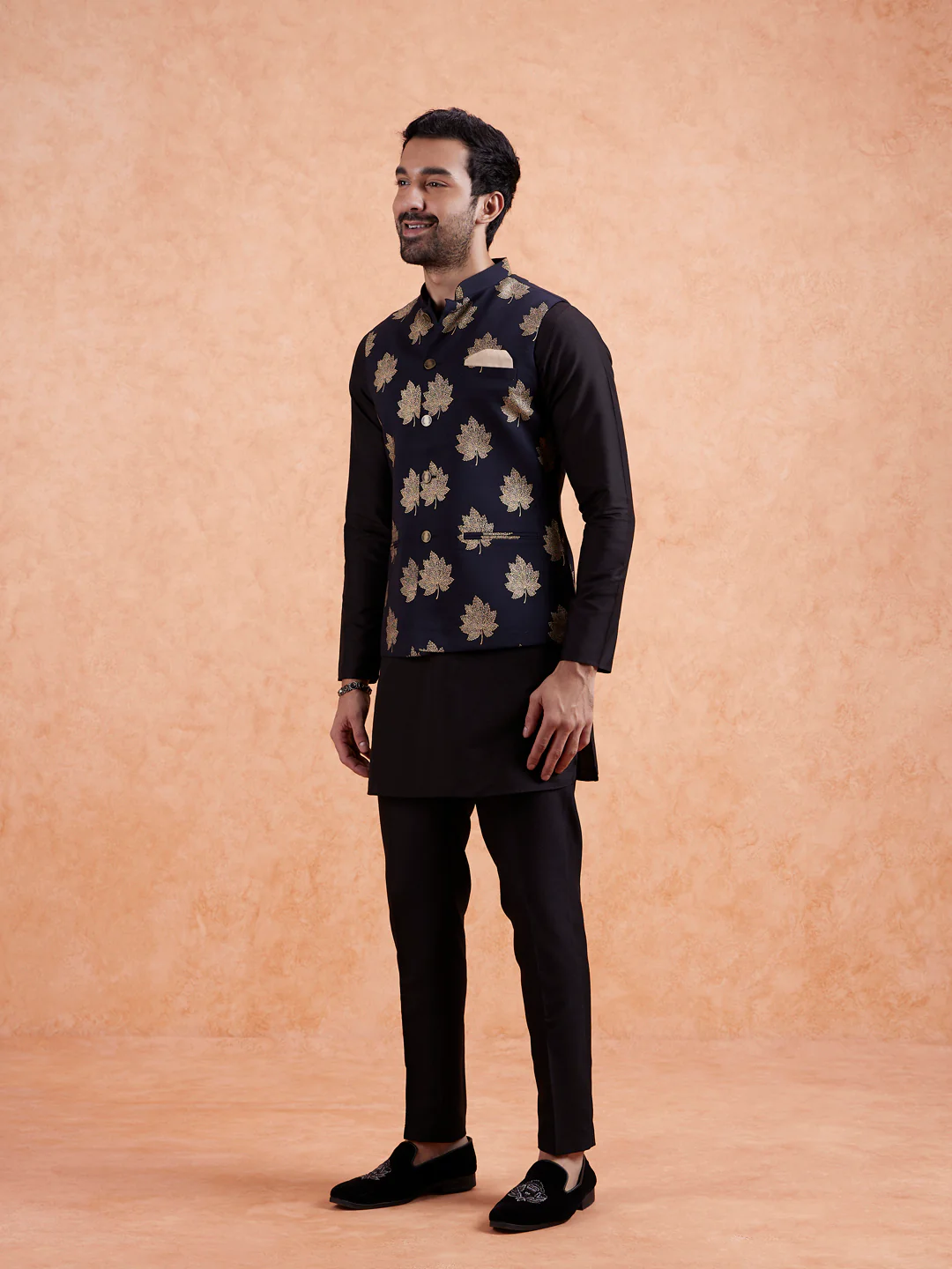 Black Silk Blend Golden Leaf Jacket Kurta Set - Image 4