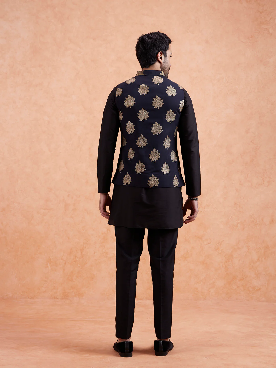 Black Silk Blend Golden Leaf Jacket Kurta Set - Image 5