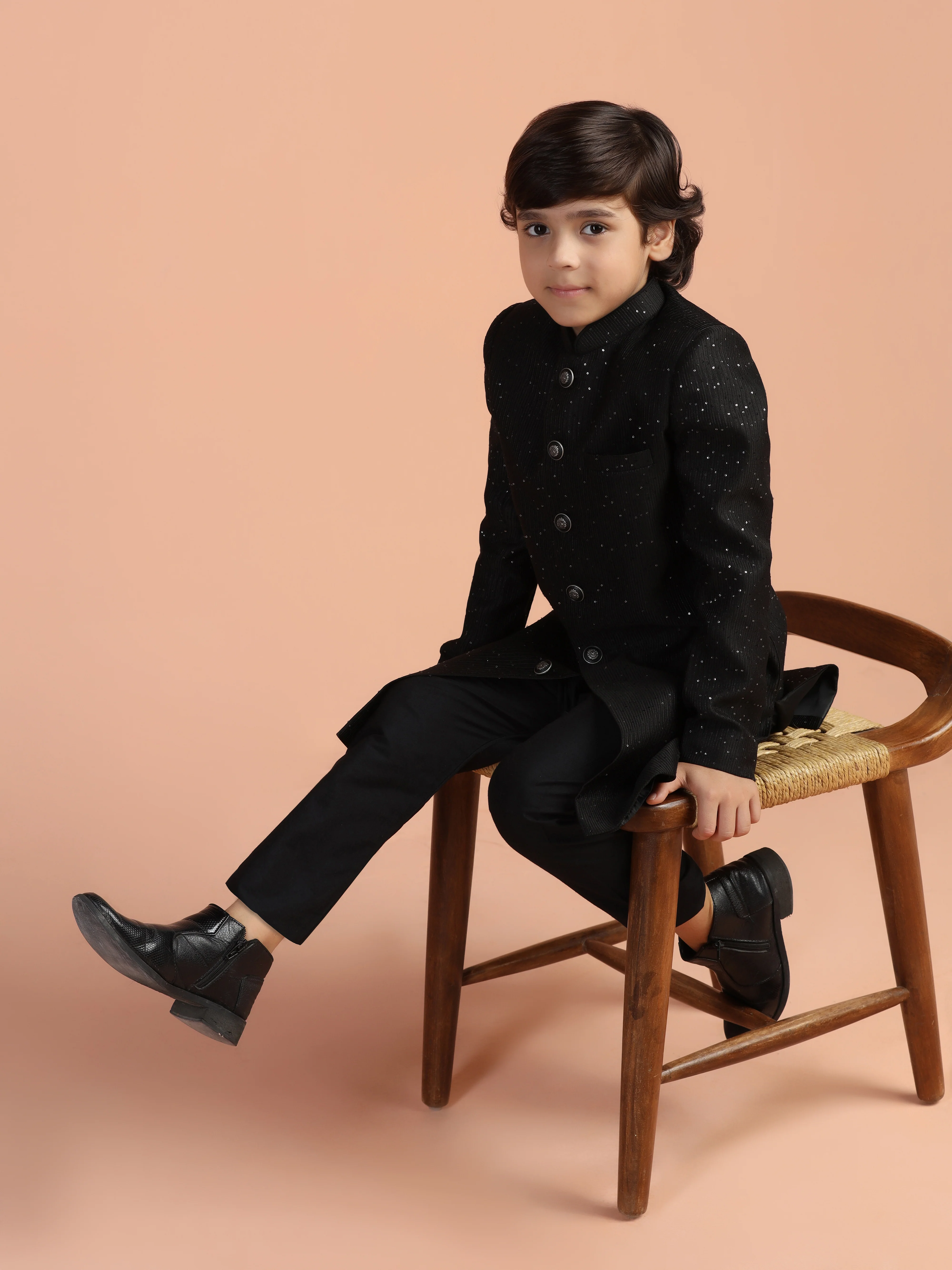 Black Cotton Blend Sherwani Kurta Pyjama Set
