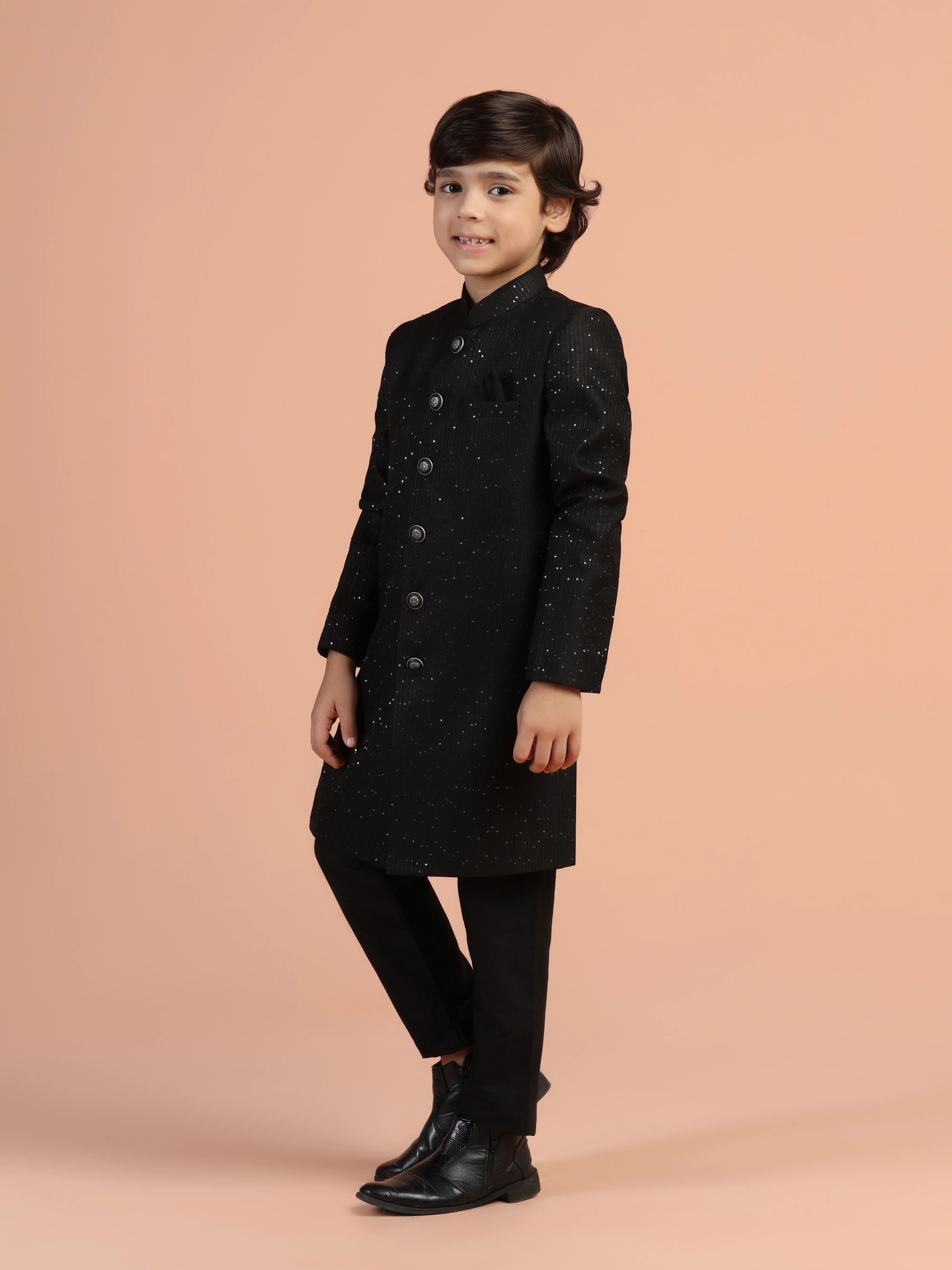 Black Cotton Blend Sherwani Kurta Pyjama Set - Image 2