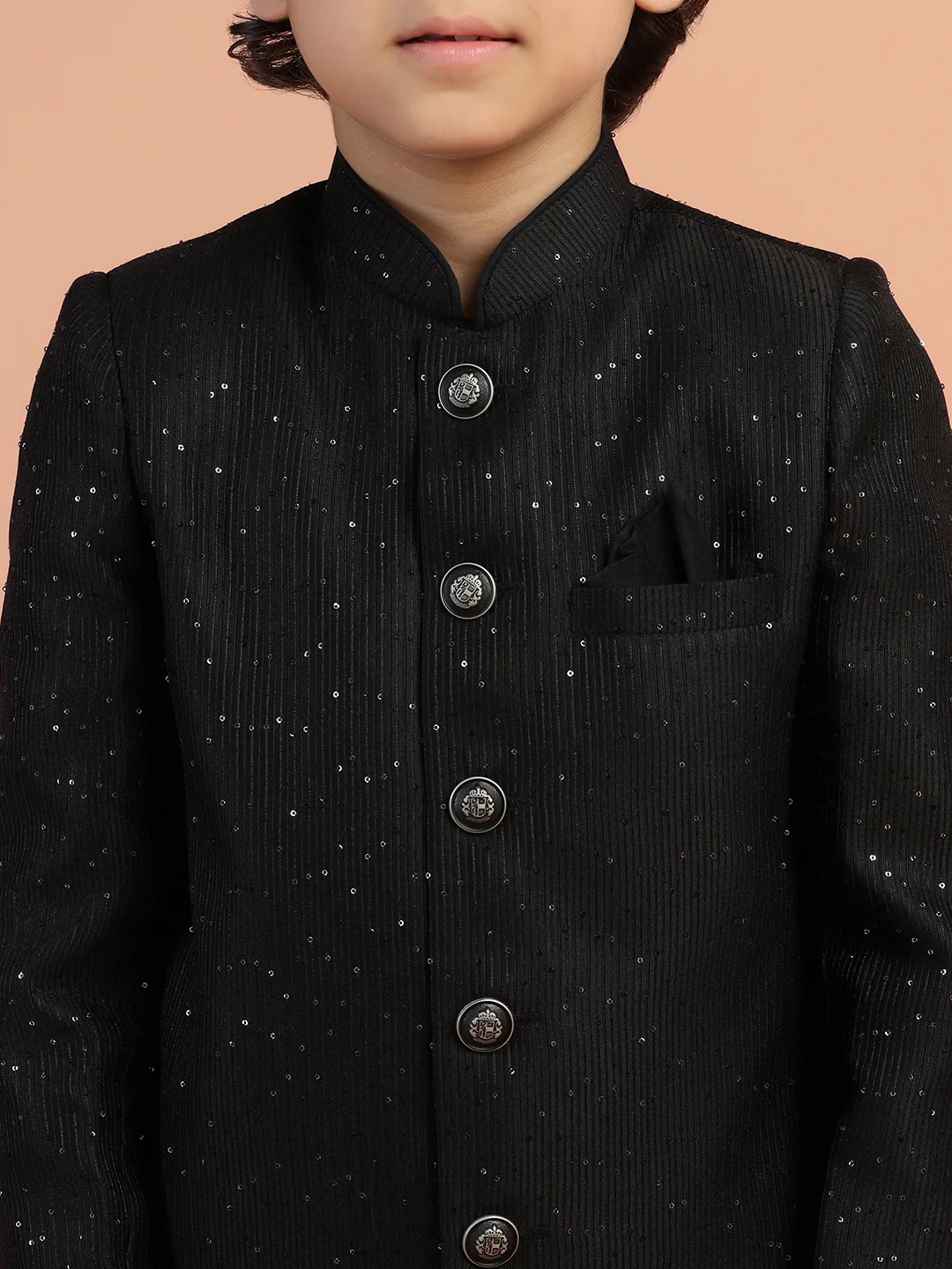 Black Cotton Blend Sherwani Kurta Pyjama Set - Image 5