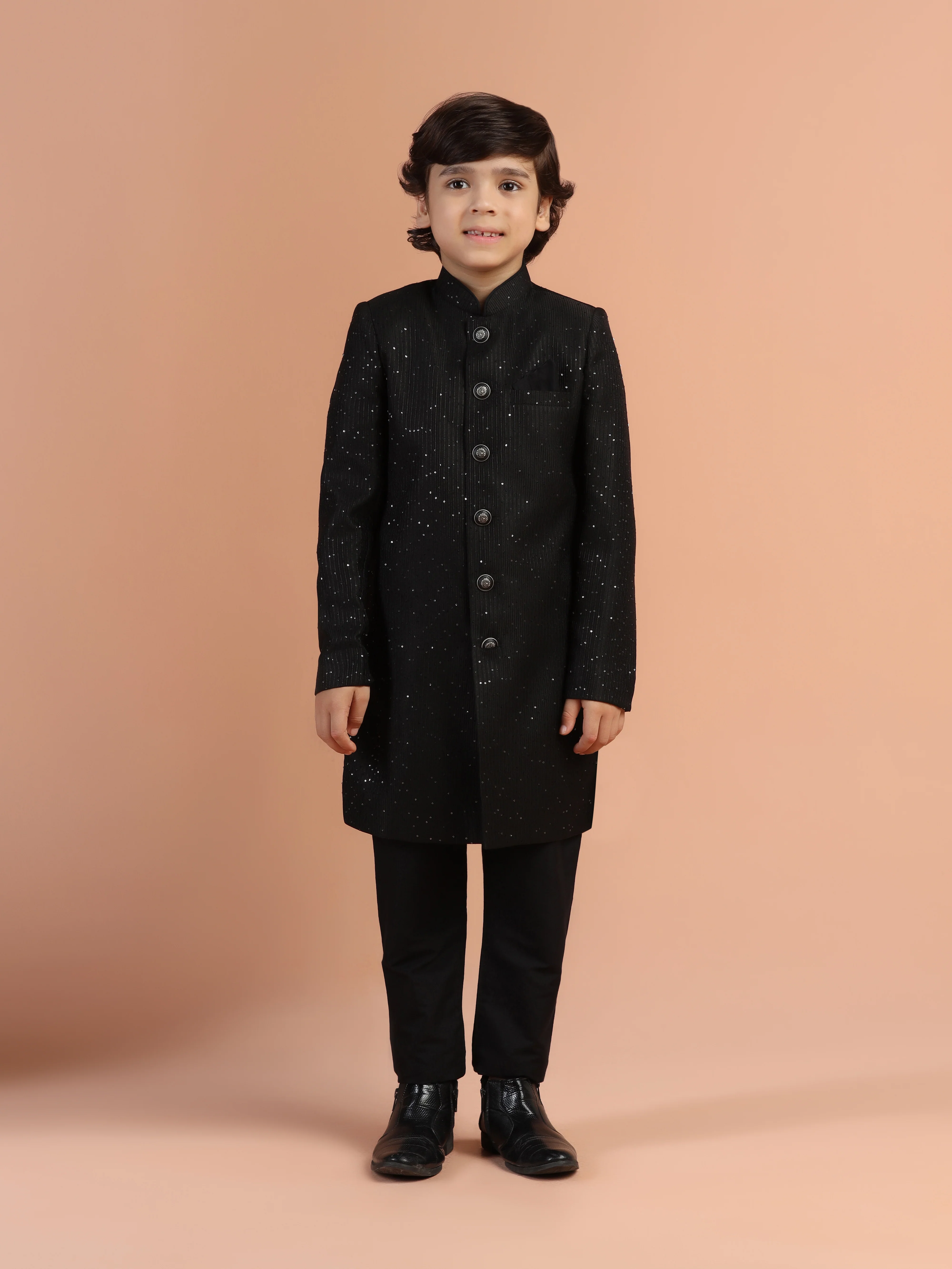 Black Cotton Blend Sherwani Kurta Pyjama Set - Image 7
