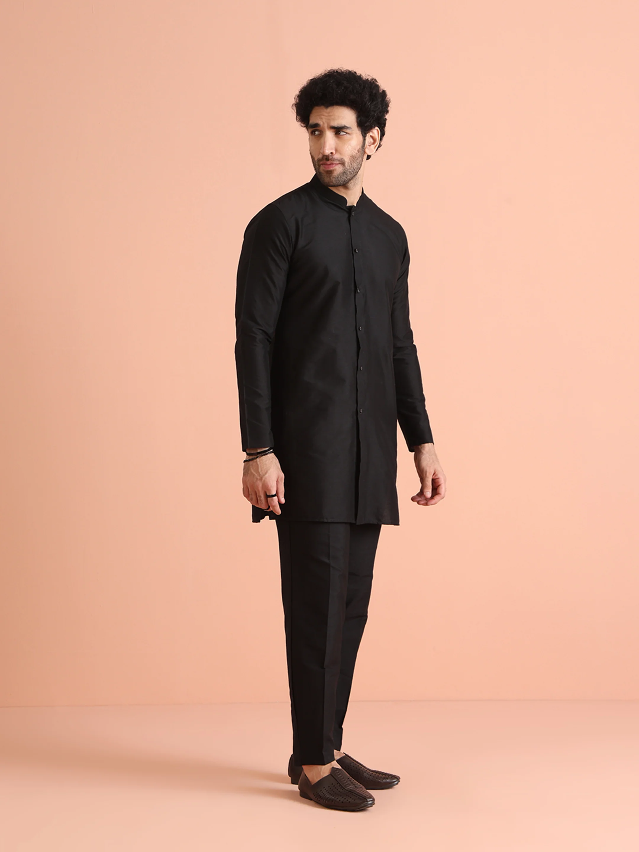 Black Cotton Blend Solid Front Open Mid Kurta - Image 2