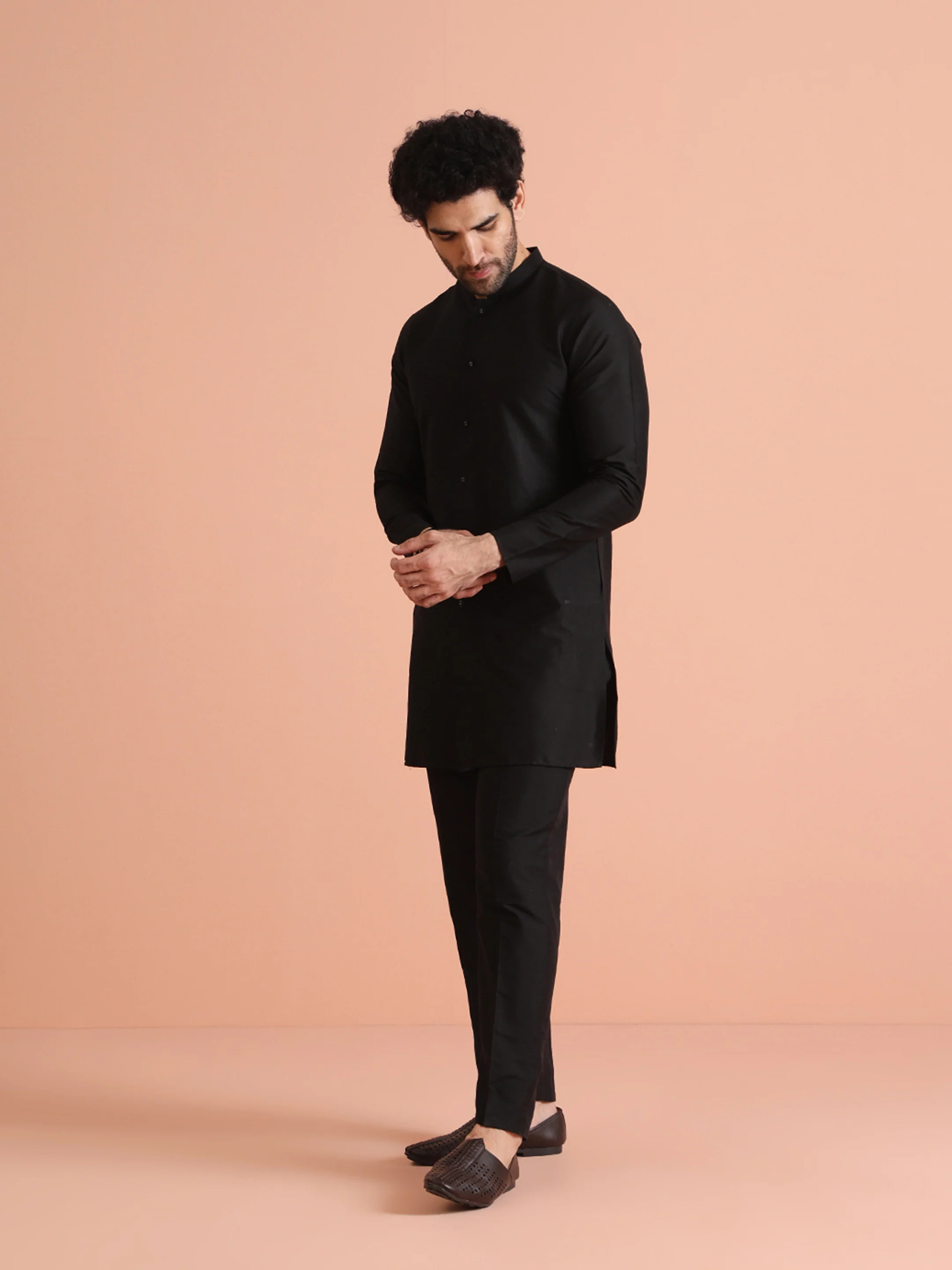 Black Cotton Blend Solid Front Open Mid Kurta - Image 3