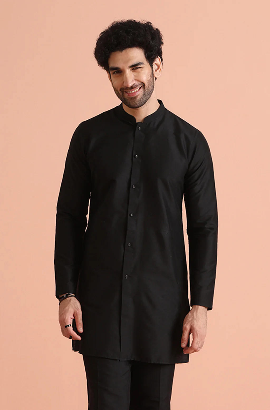 Black Cotton Blend Solid Front Open Mid Kurta - Image 6