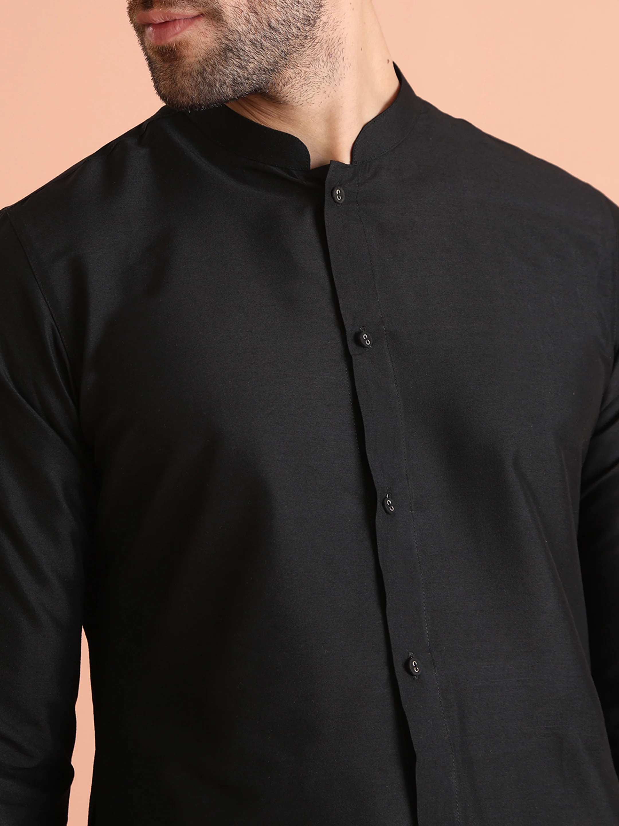 Black Cotton Blend Solid Front Open Mid Kurta Trouser Set - Image 5