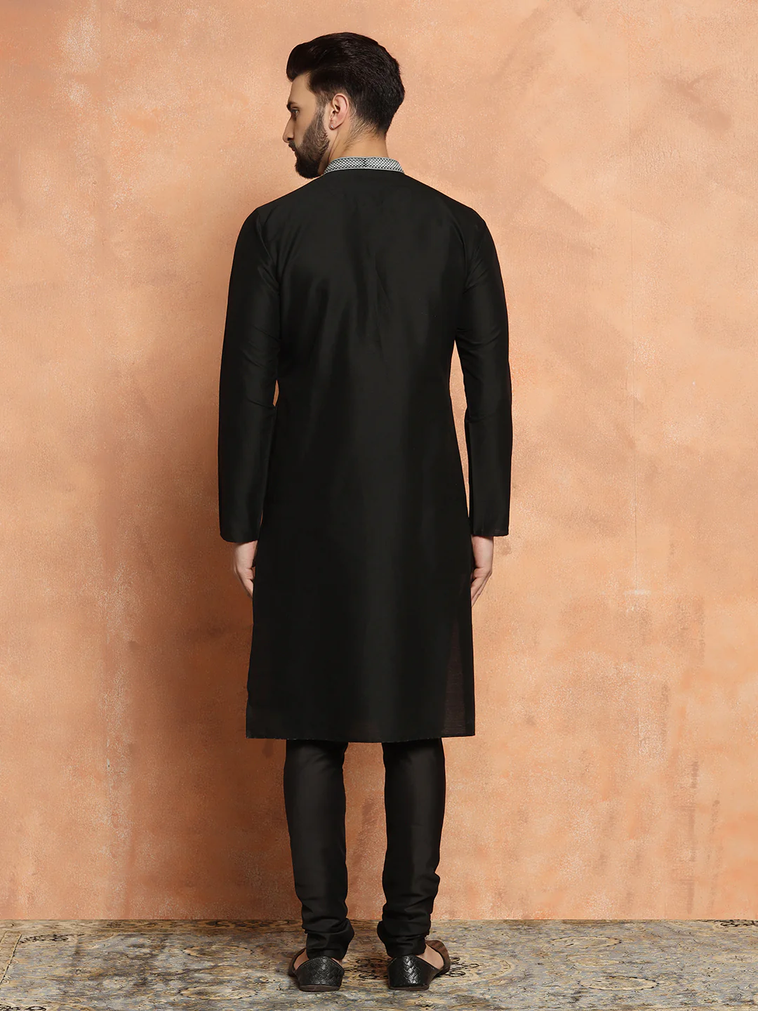 Black Cotton Blend Solid Kurta Churidar Set - Image 4