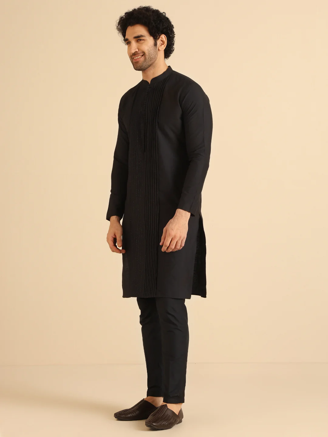 Black Cotton Blend Solid Kurta Trouser Set - Image 3