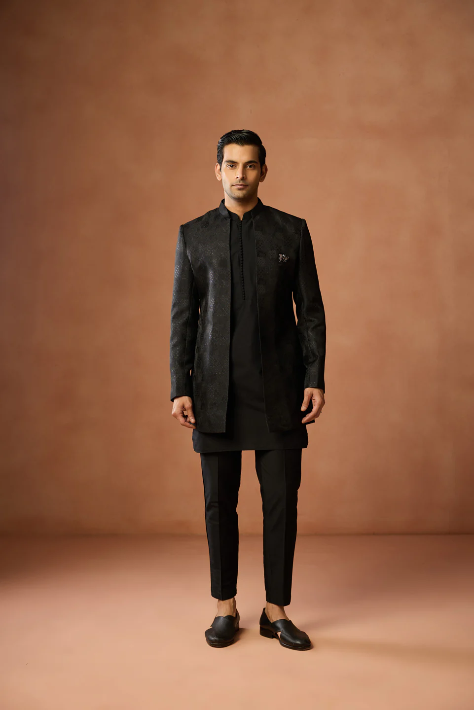 Black Silk Blend Short Sherwani Kurta Trouser Set