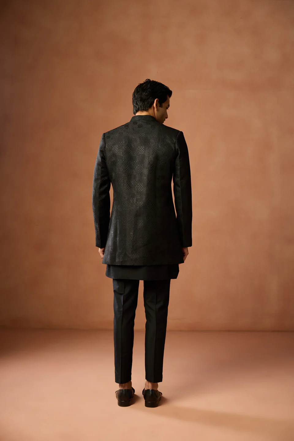 Black Silk Blend Short Sherwani Kurta Trouser Set - Image 4