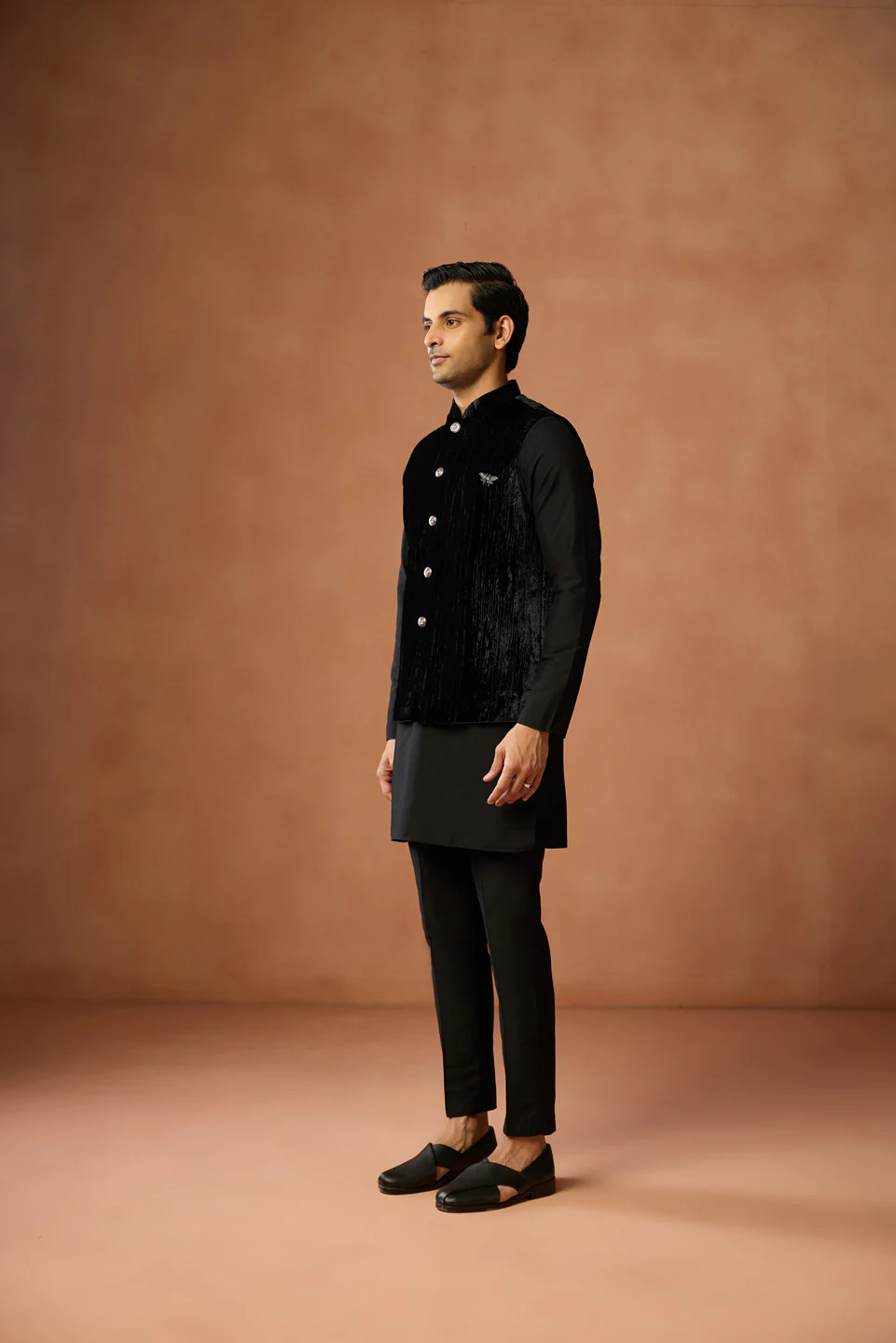 Black Silk Blend Kurta Trouser with Velvet Jacket - Image 3