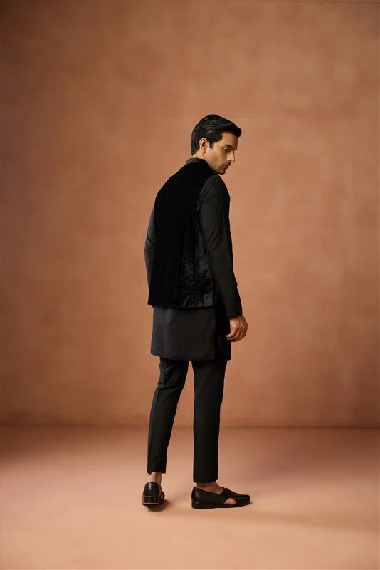 Black Silk Blend Kurta Trouser with Velvet Jacket - Image 4