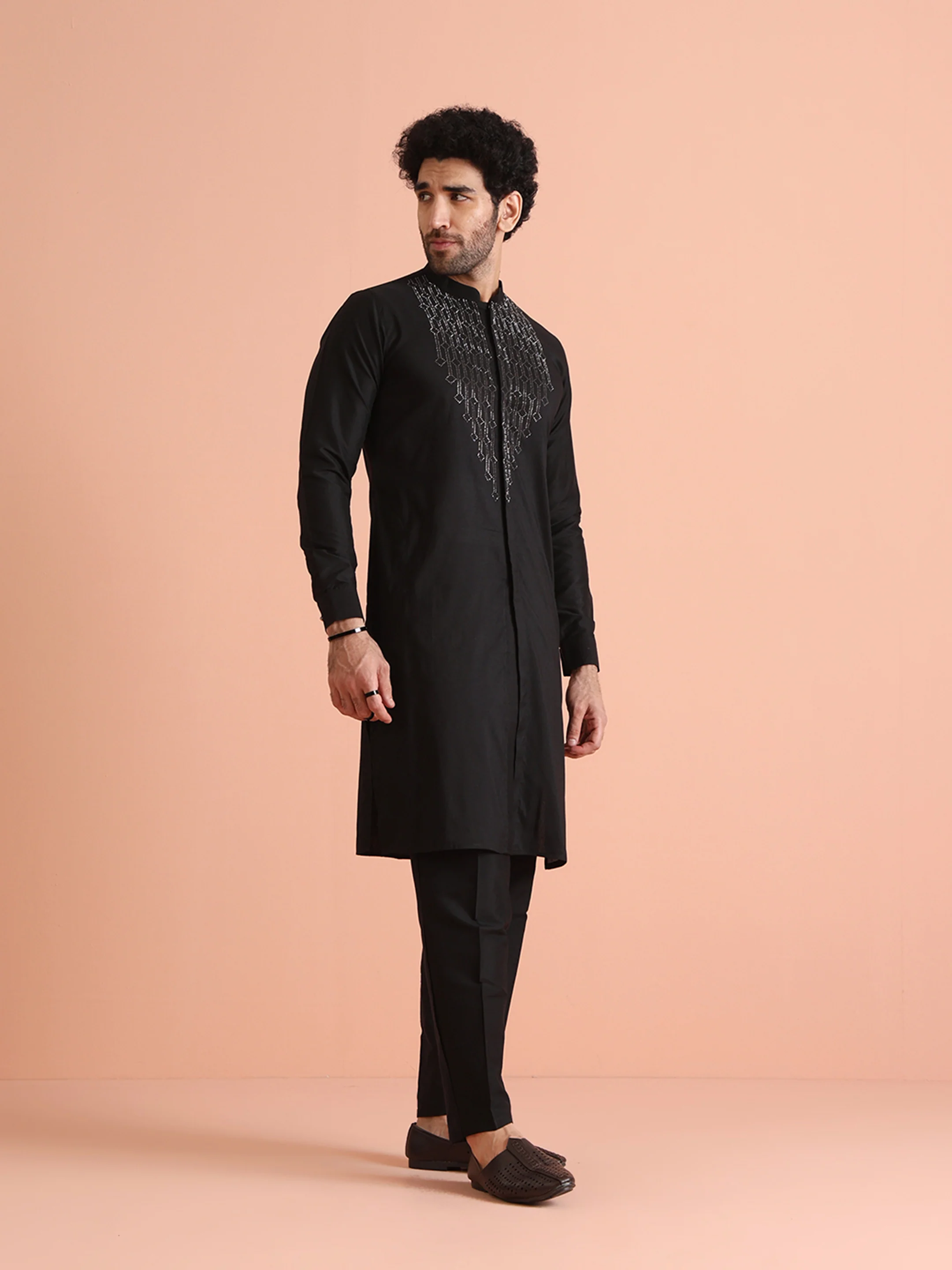 Black Cotton Blend Swarovski Embellished Front Open Kurta