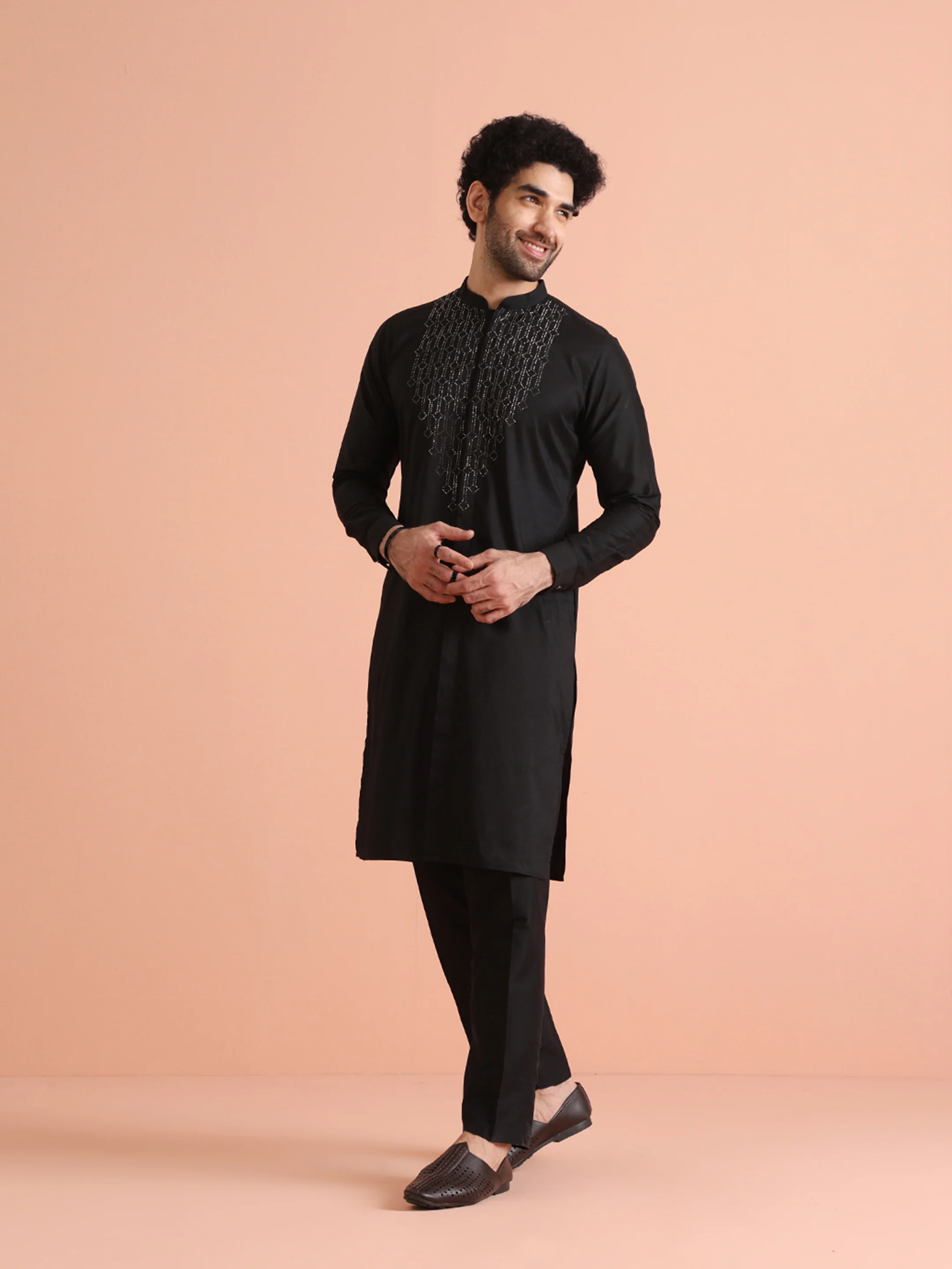Black Cotton Blend Swarovski Embellished Front Open Kurta - Image 2