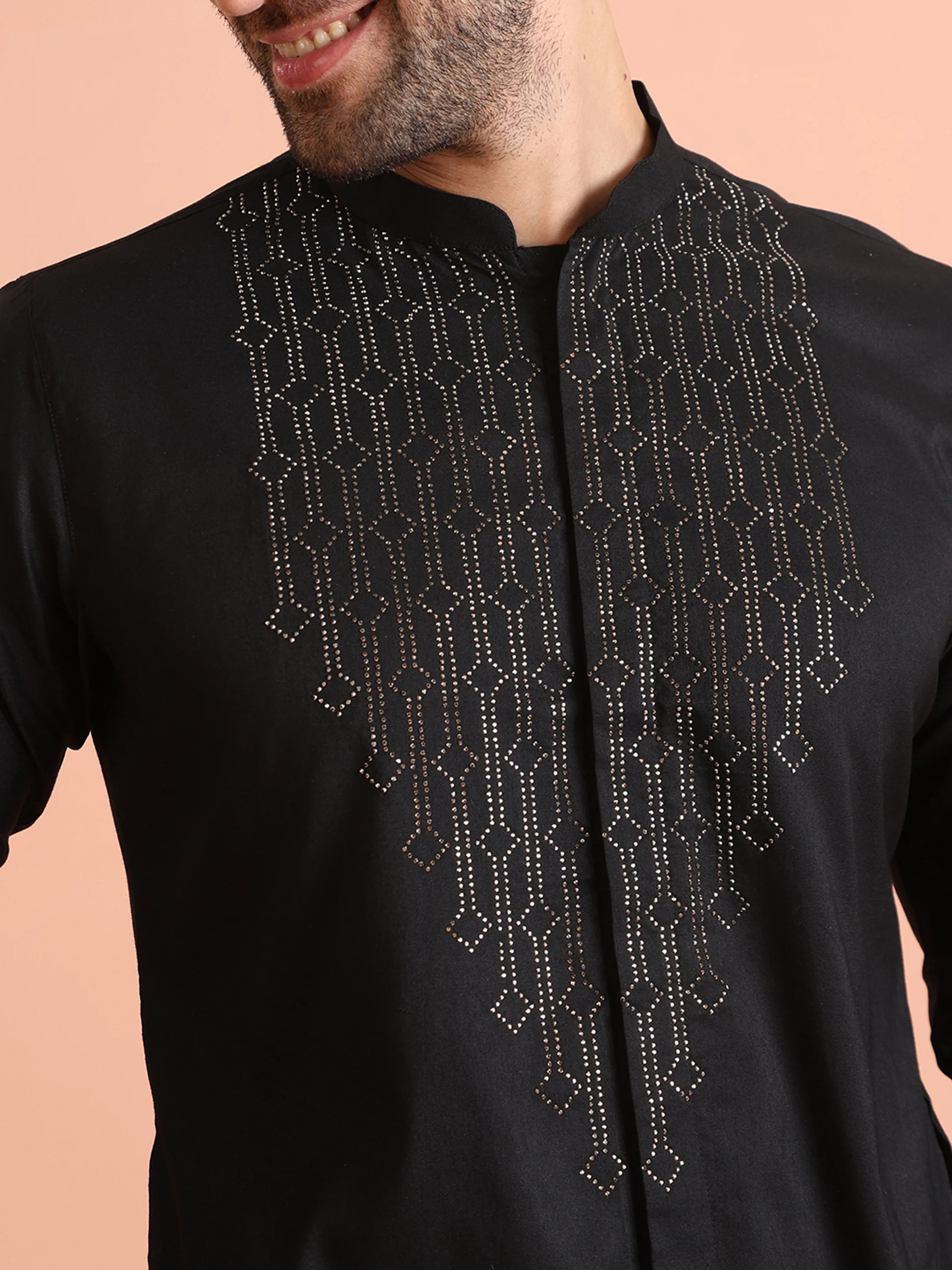 Black Cotton Blend Swarovski Embellished Front Open Kurta - Image 4