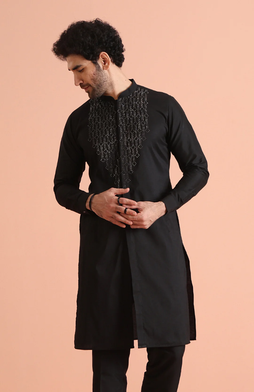 Black Cotton Blend Swarovski Embellished Front Open Kurta - Image 7