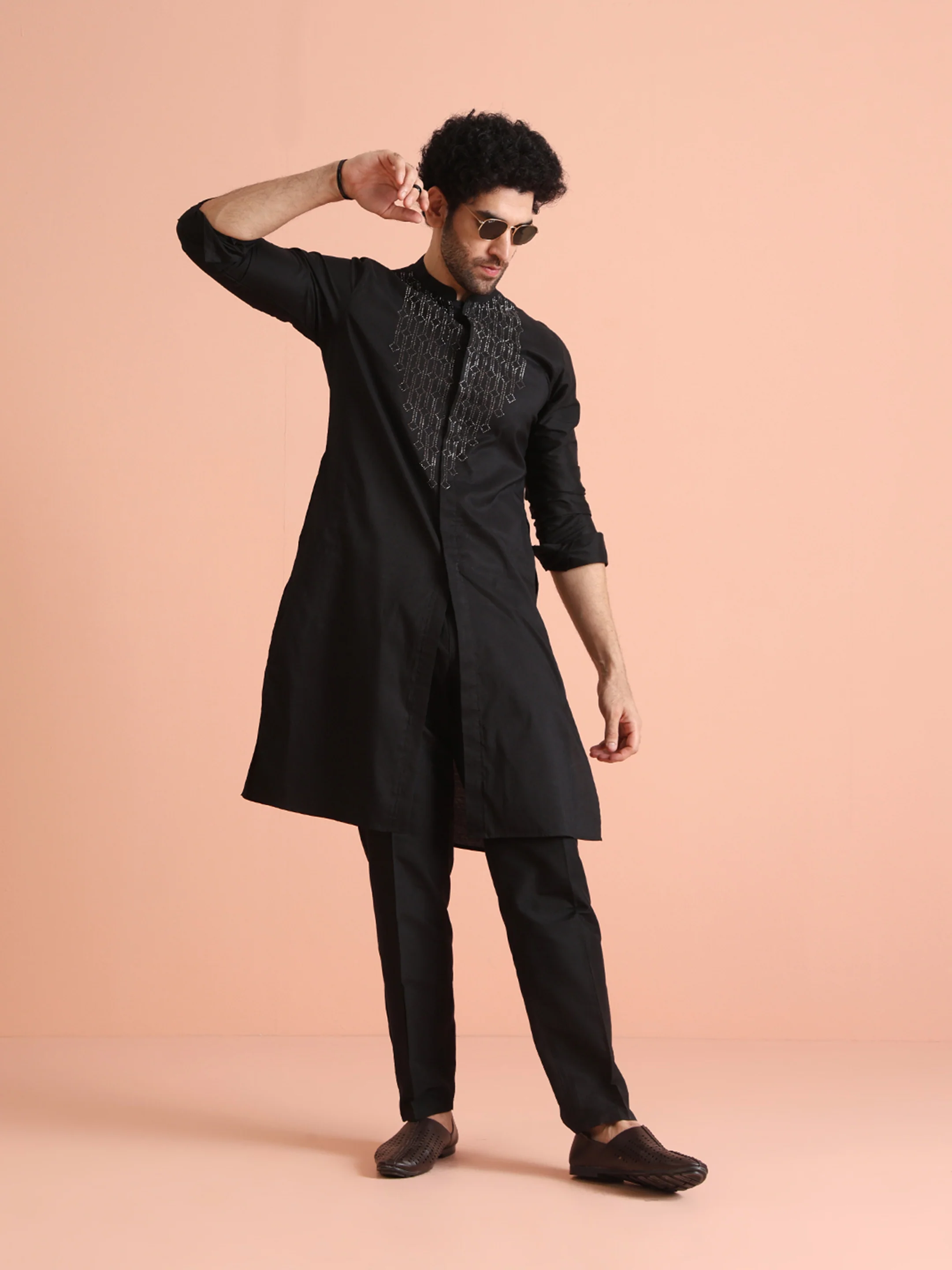Black Cotton Blend Swarovski Embellished Front Open Kurta Trouser Set - Image 7