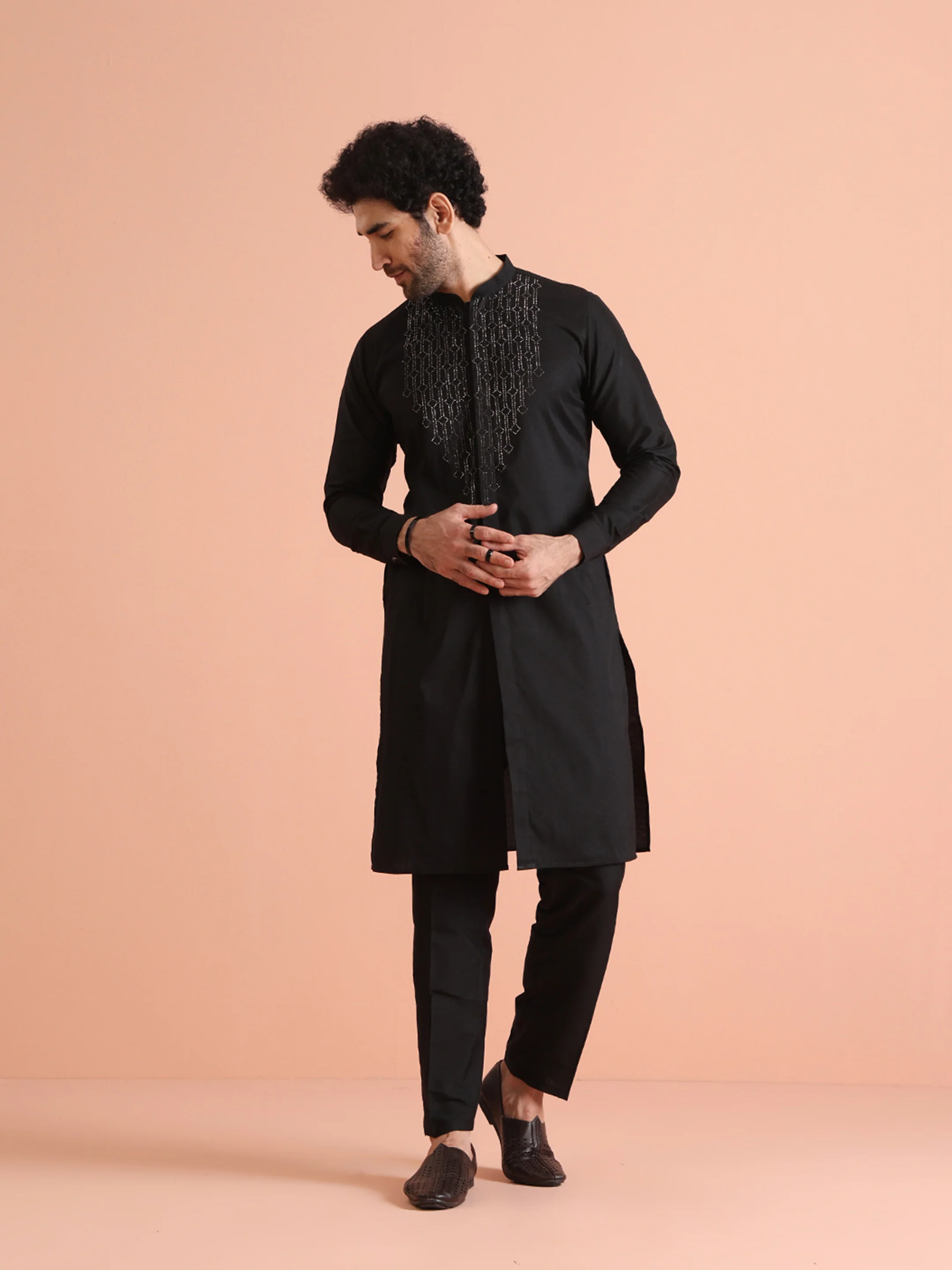 Black Cotton Blend Swarovski Embellished Front Open Kurta Trouser Set - Image 8