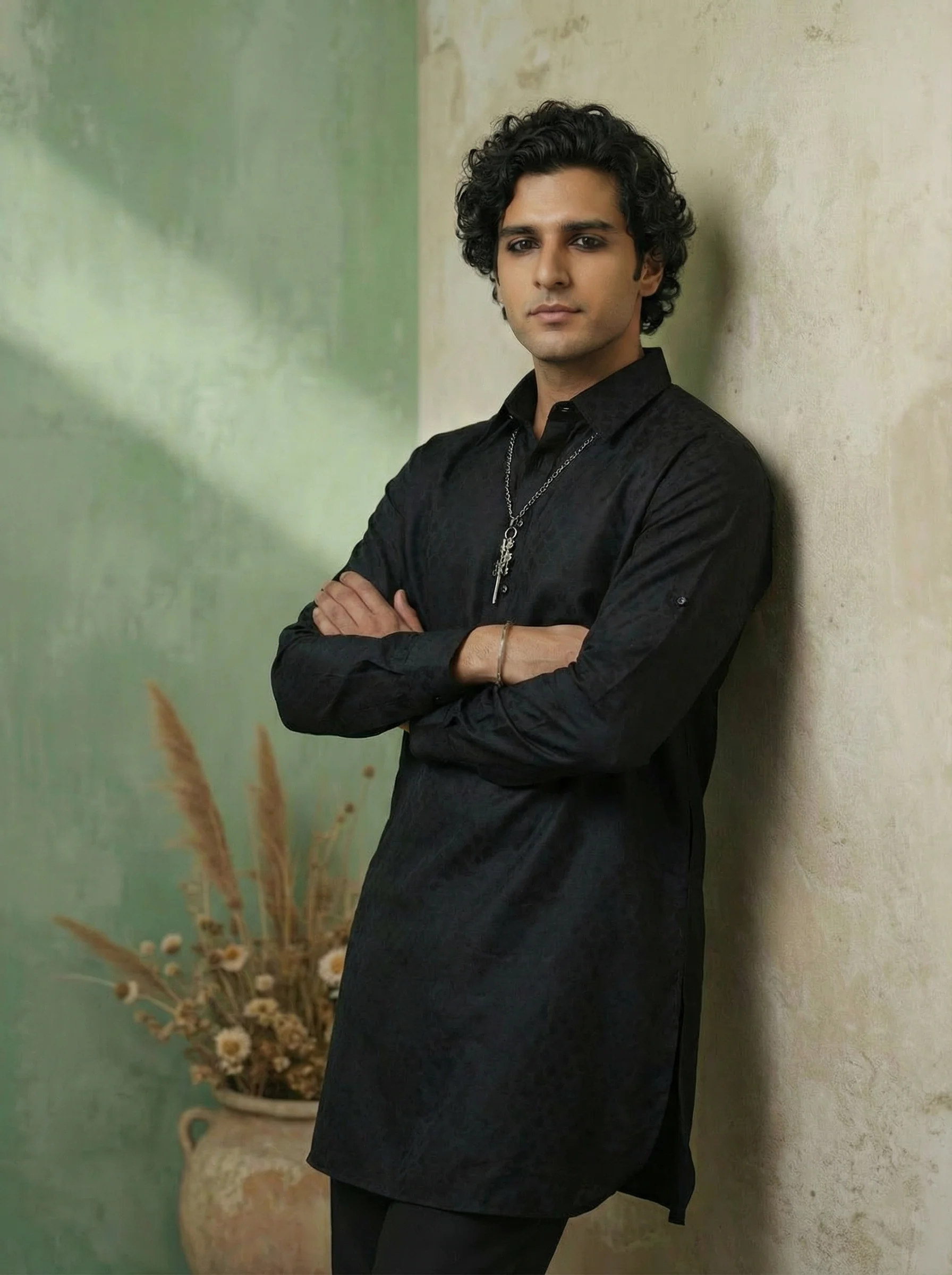 Black Cotton Blend Textured Long Pathani Kurta