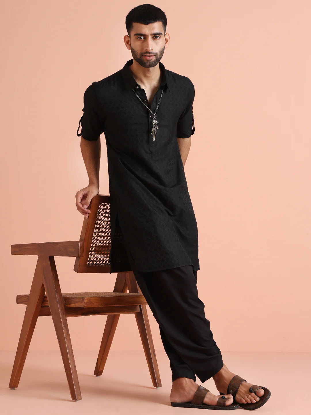 Black Cotton Blend Textured Long Pathani Kurta - Image 6