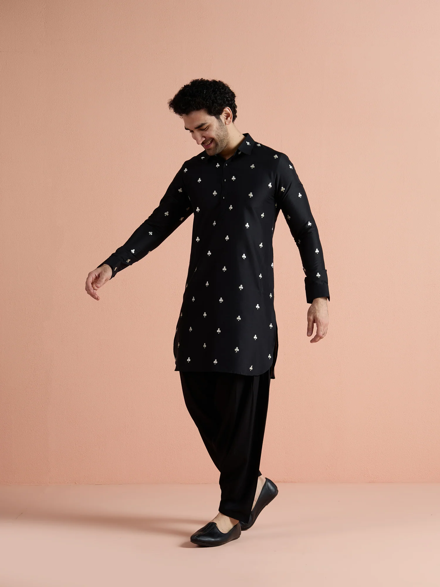 Black Cotton Embroidered Pathani Kurta - Image 3