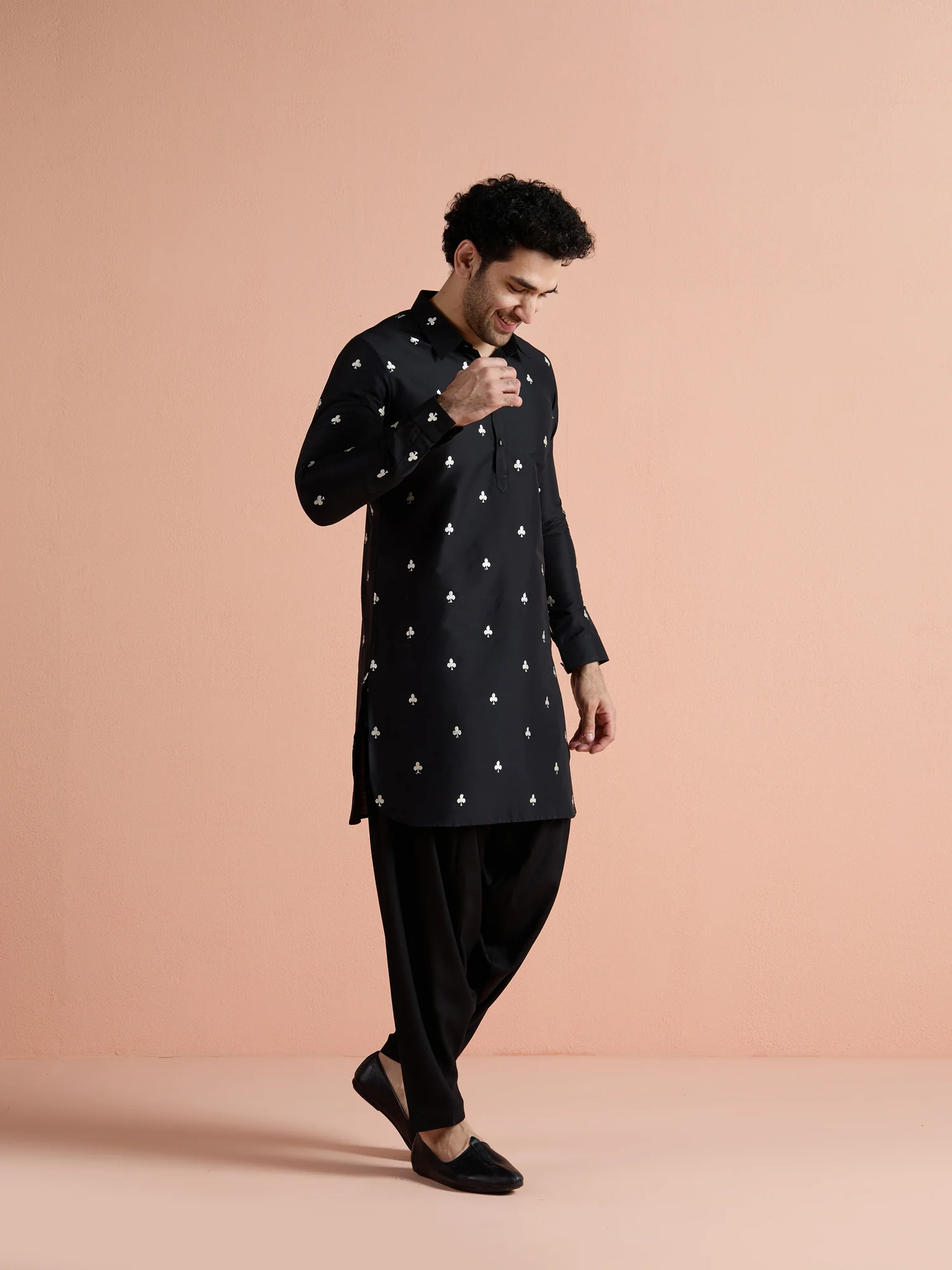 Black Cotton Embroidered Pathani Kurta - Image 4