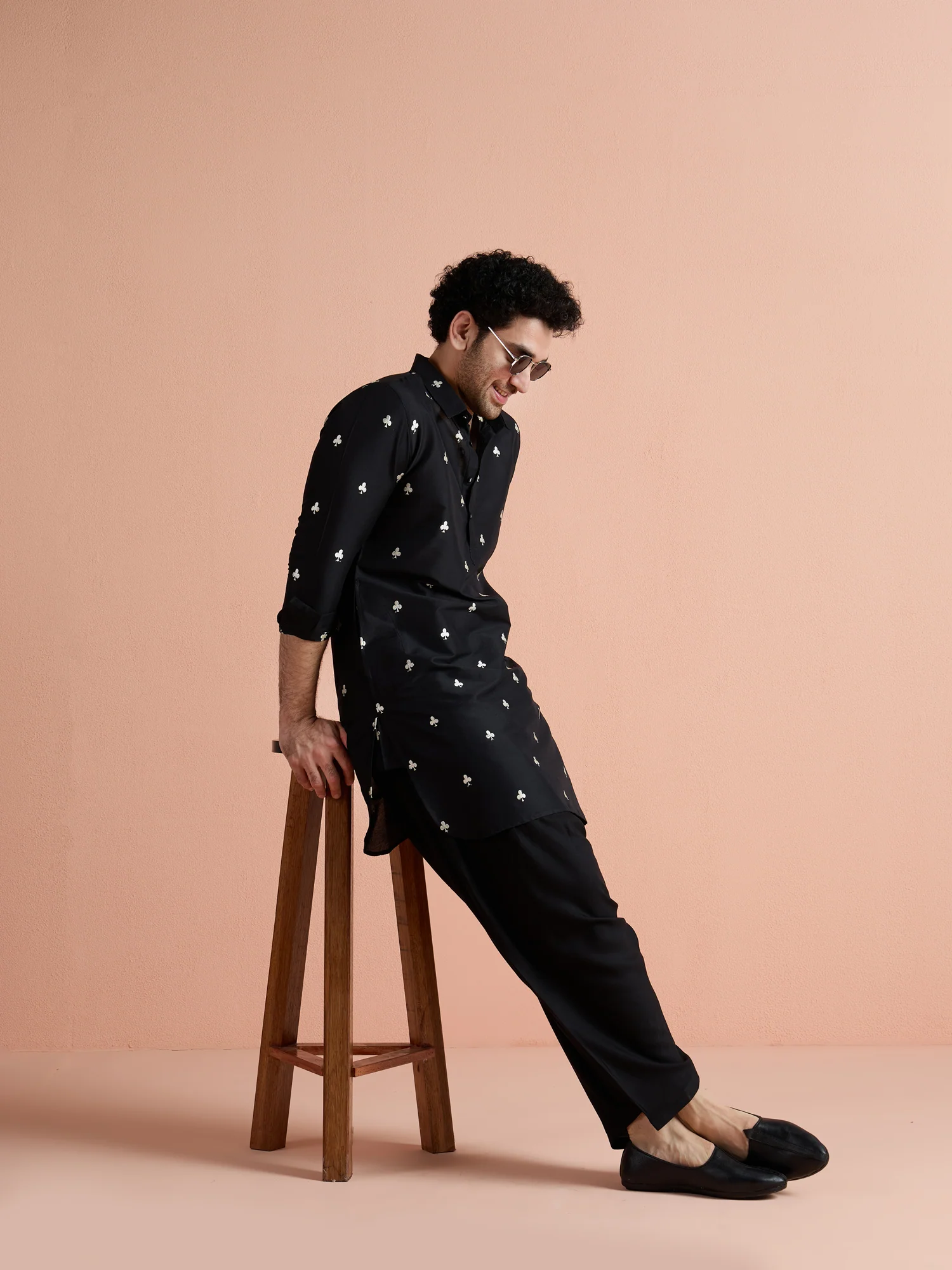 Black Cotton Embroidered Pathani Kurta - Image 7