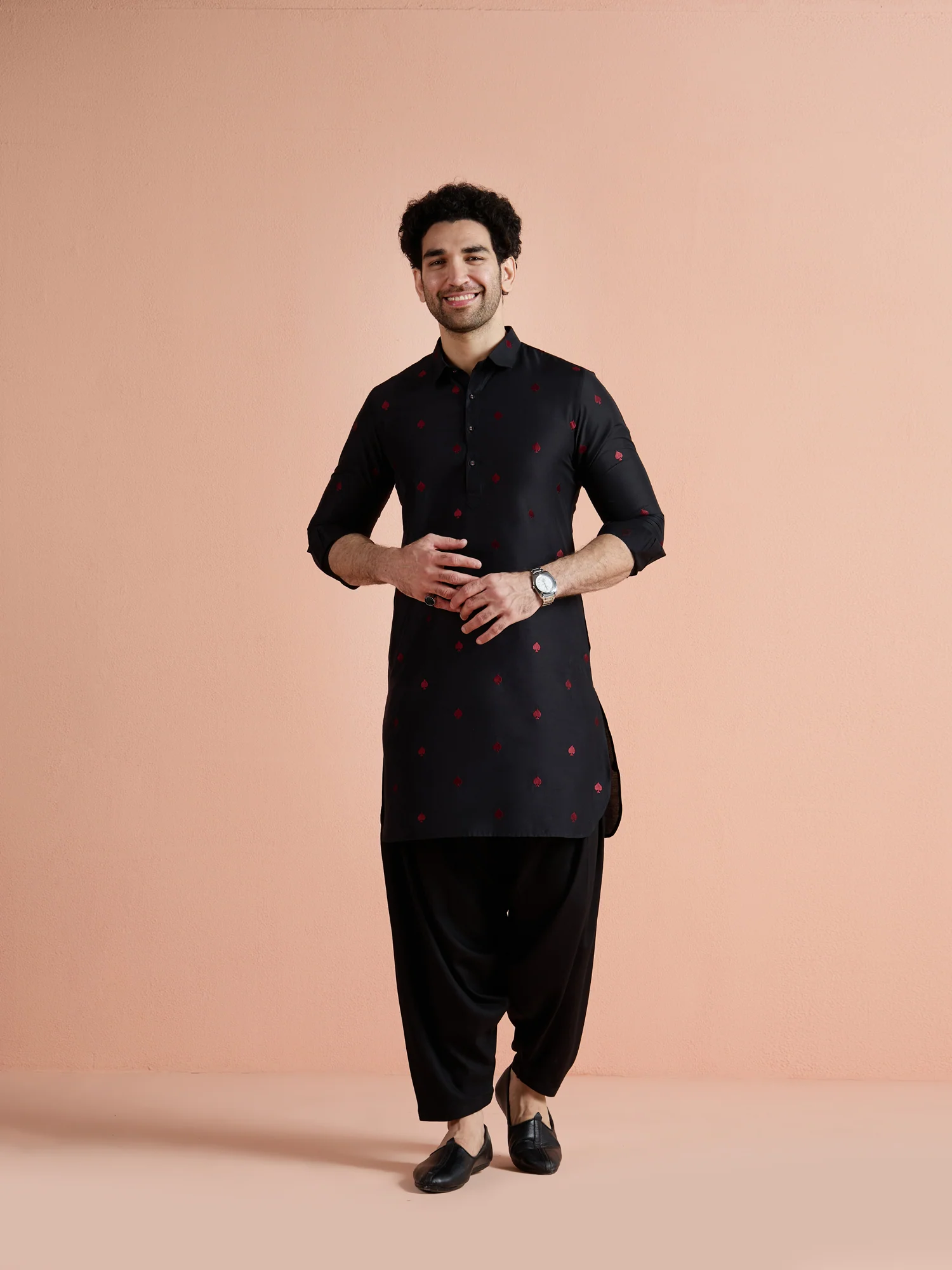 Black Cotton Embroidered Pathani Kurta - Image 10