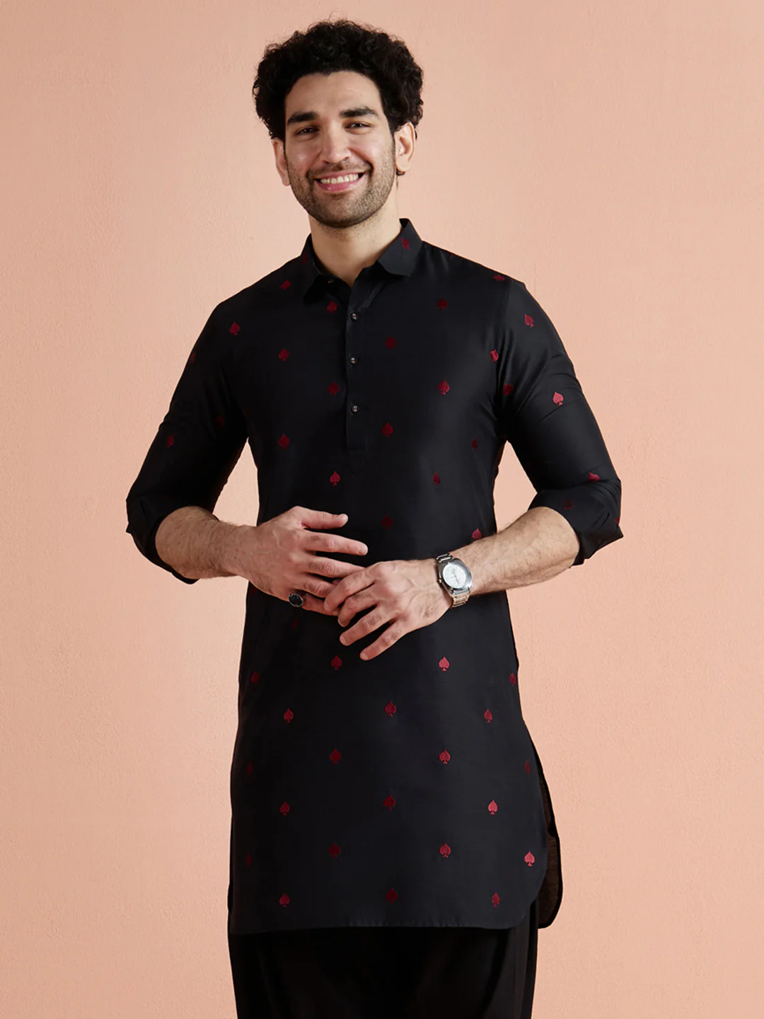 Black Cotton Embroidered Pathani Kurta - Image 2