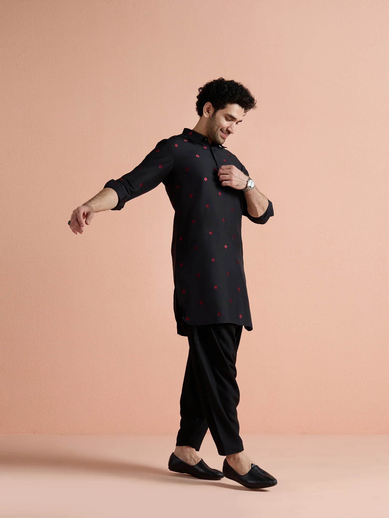 Black Cotton Embroidered Pathani Kurta - Image 3