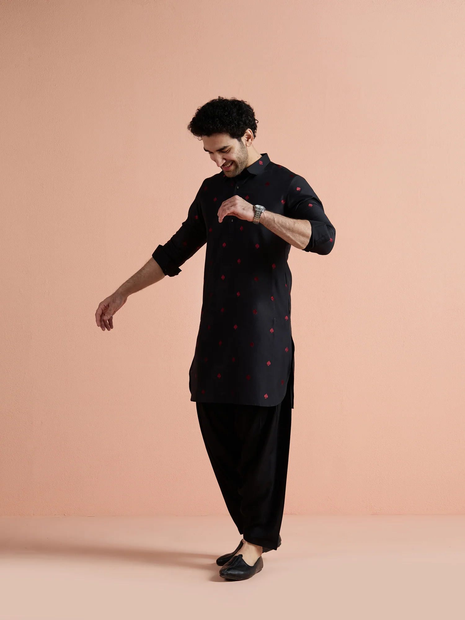 Black Cotton Embroidered Pathani Kurta - Image 4