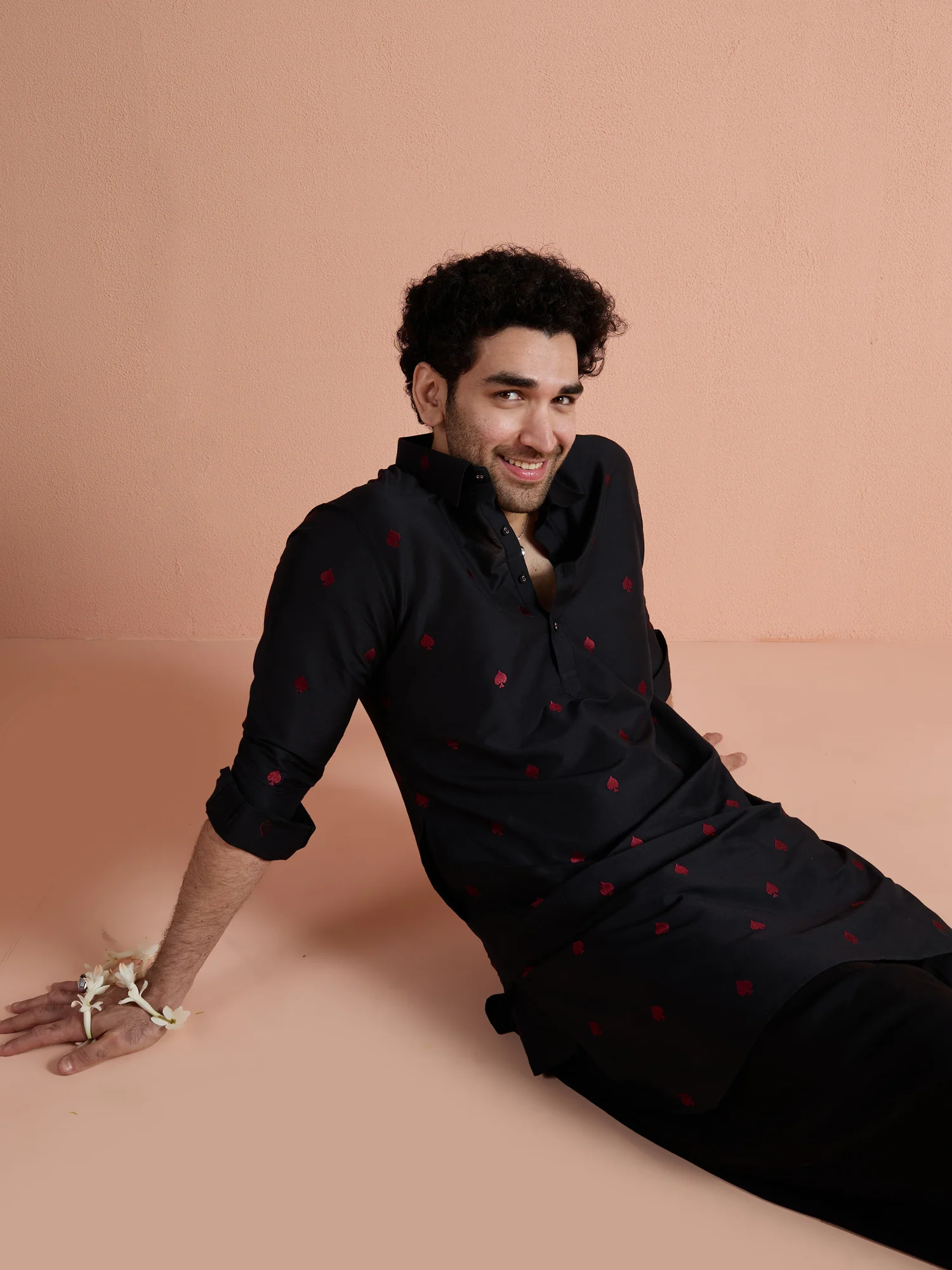 Black Cotton Embroidered Pathani Kurta - Image 8