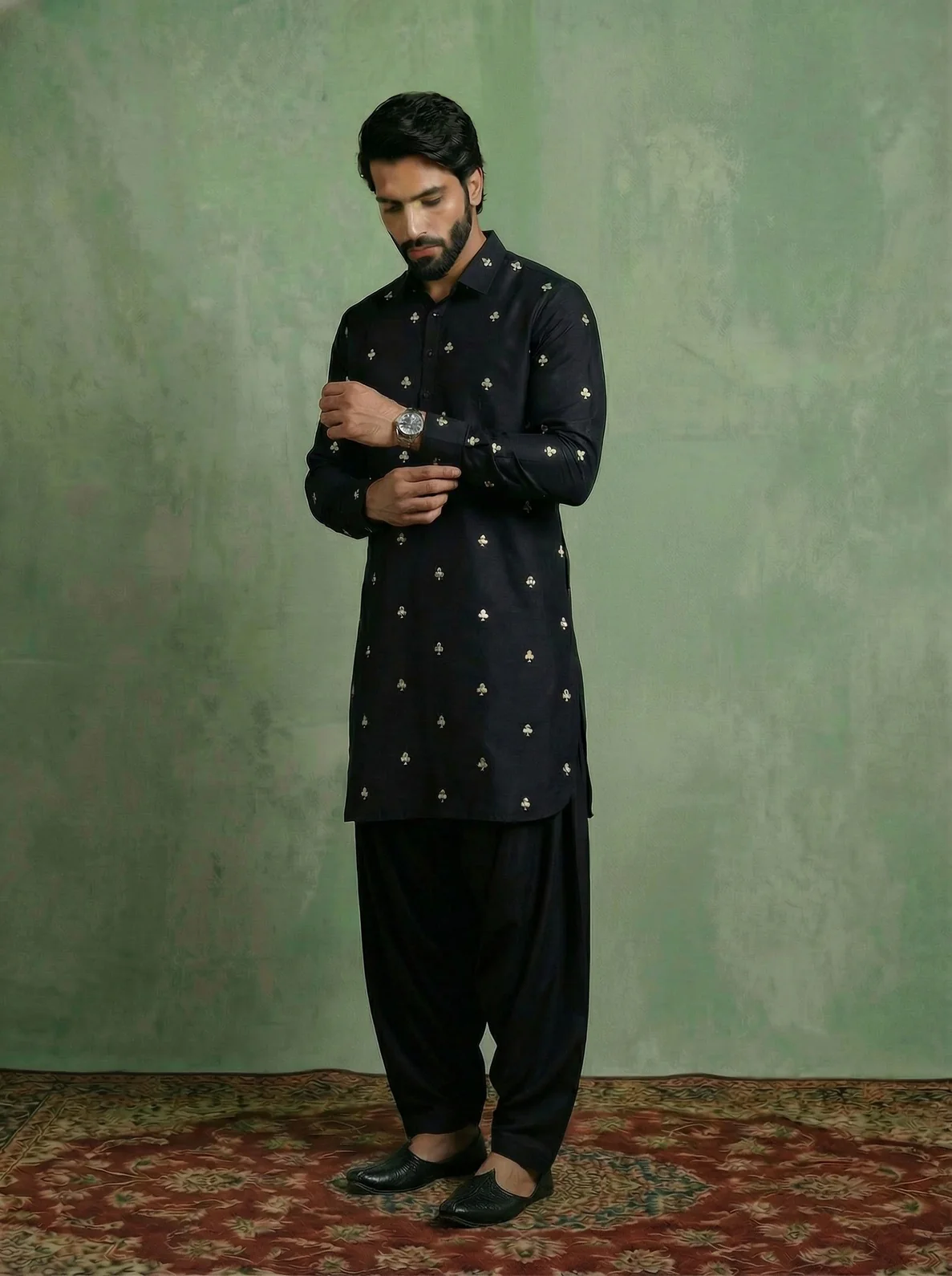 Black Cotton Embroidered Pathani Kurta Patiyala Set