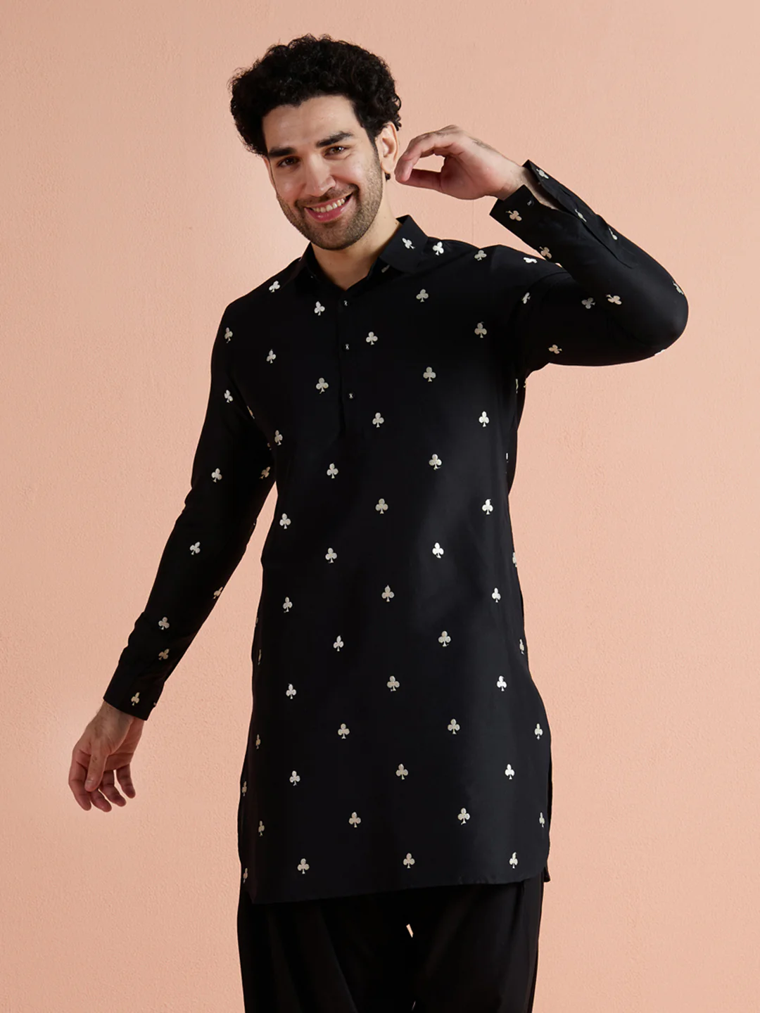 Black Cotton Embroidered Pathani Kurta Patiyala Set - Image 10