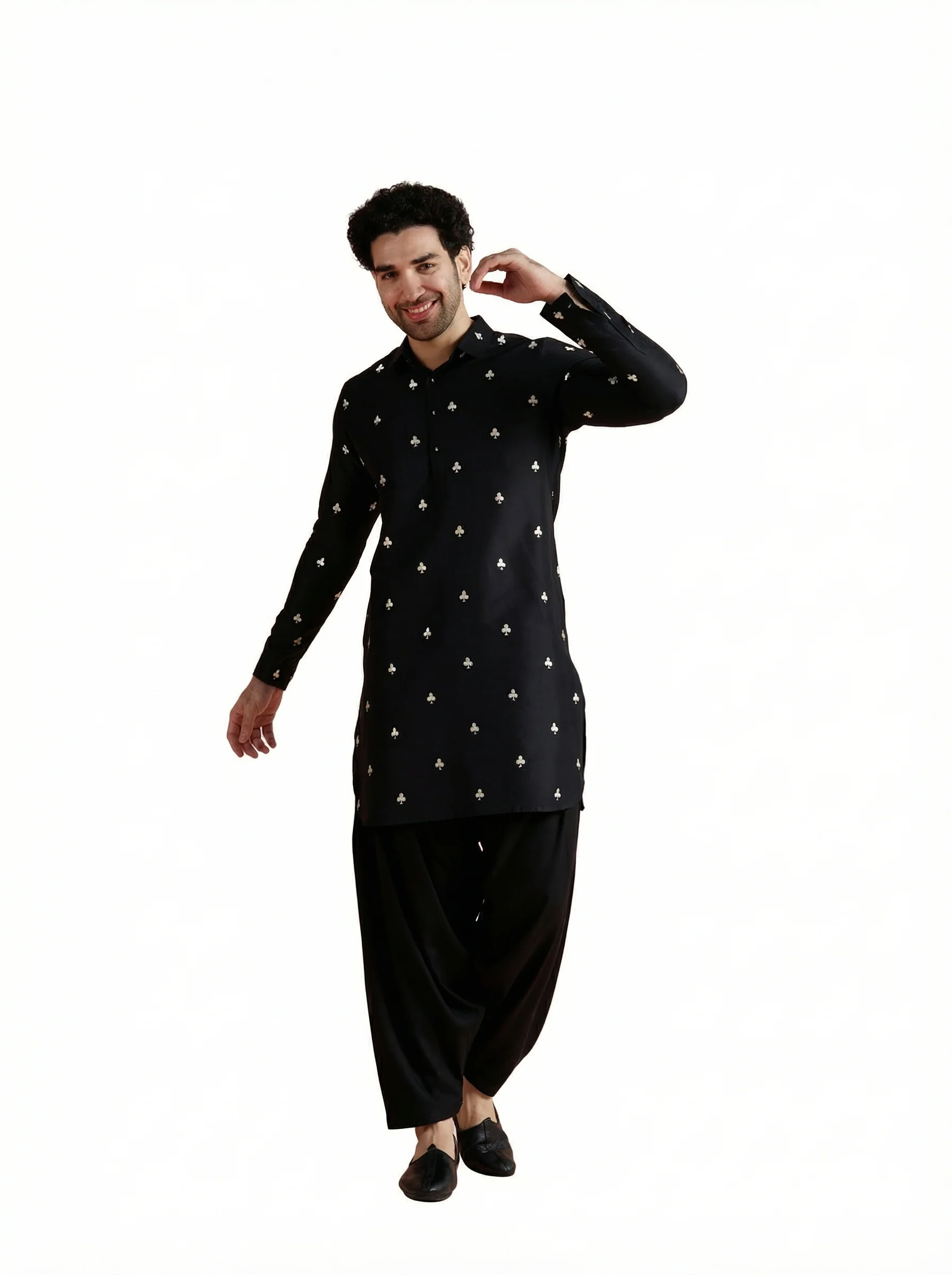Black Cotton Embroidered Pathani Kurta Patiyala Set - Image 11