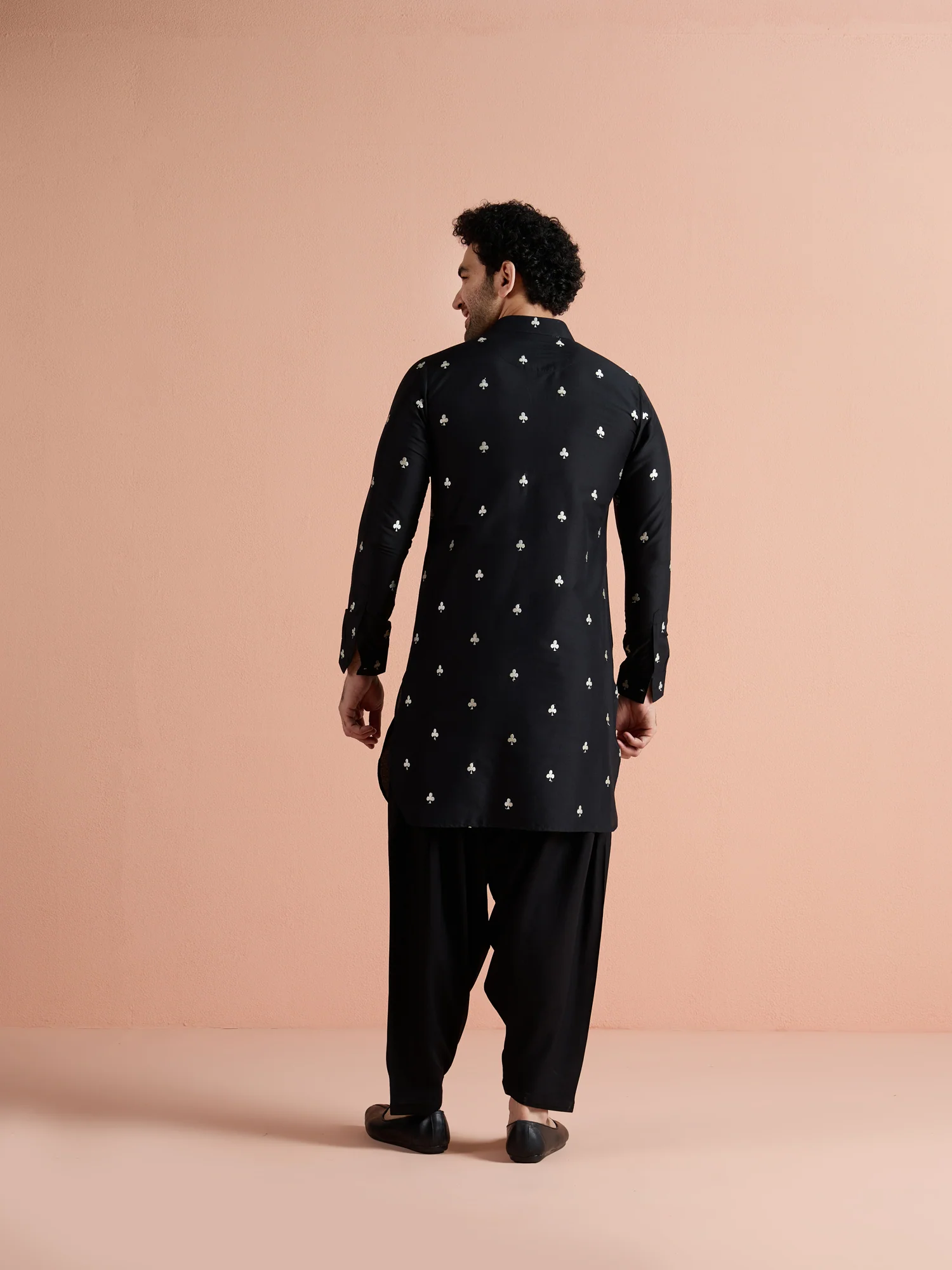Black Cotton Embroidered Pathani Kurta Patiyala Set - Image 5