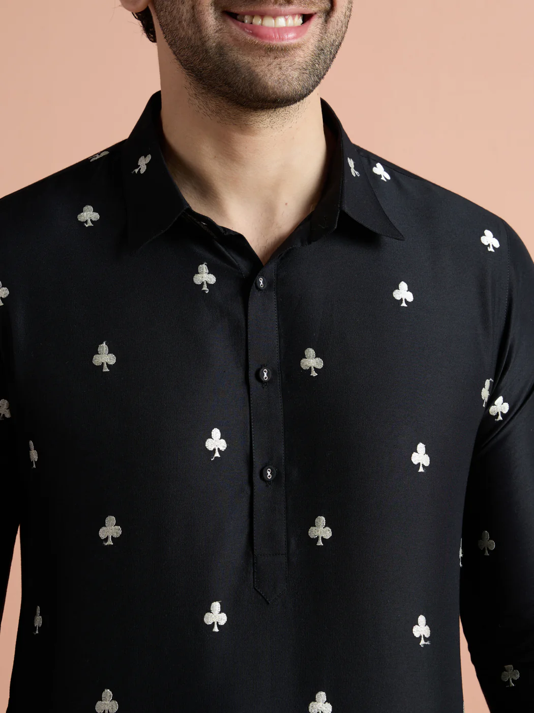 Black Cotton Embroidered Pathani Kurta Patiyala Set - Image 6