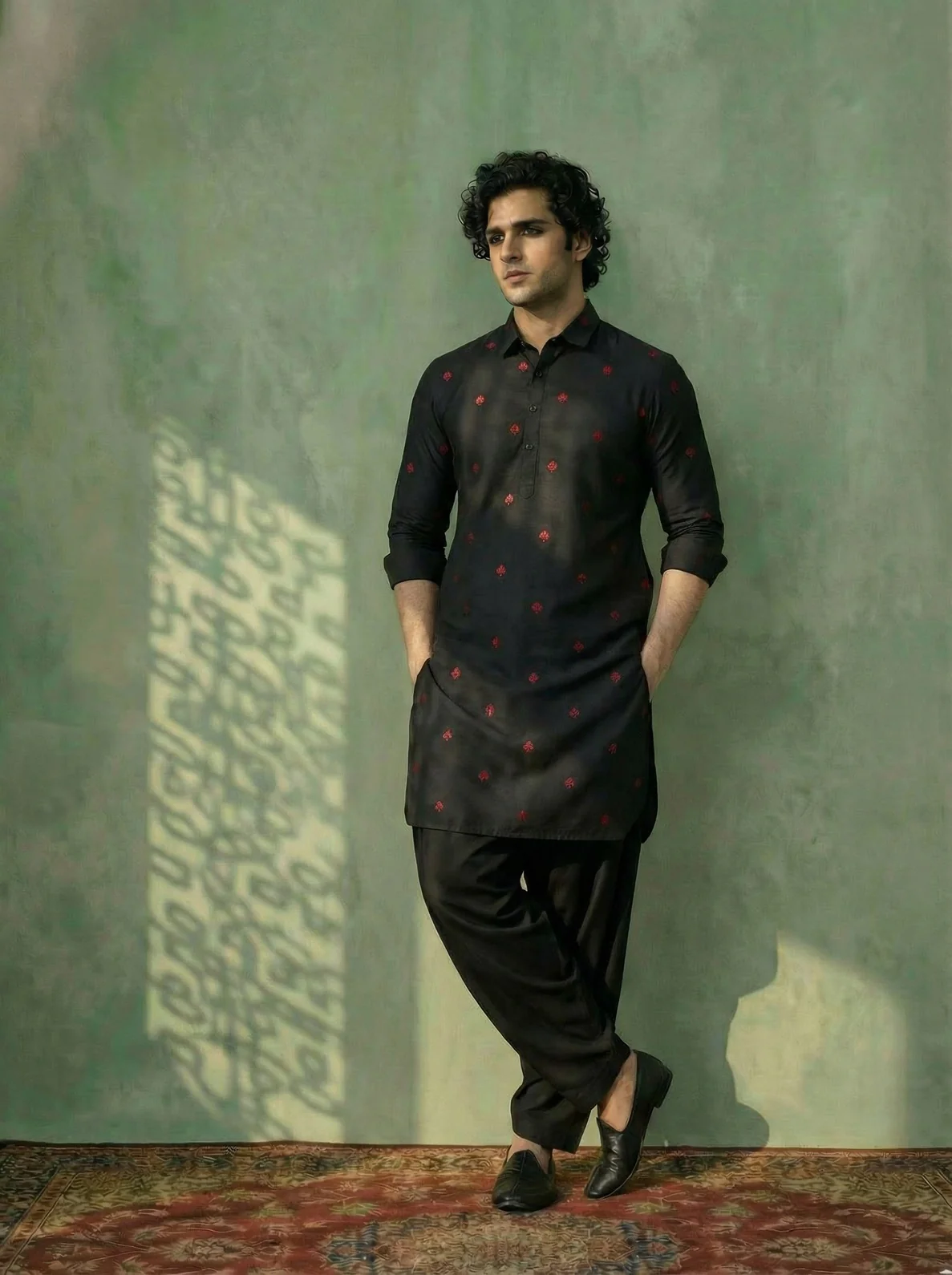 Black Cotton Embroidered Pathani Kurta Patiyala Set