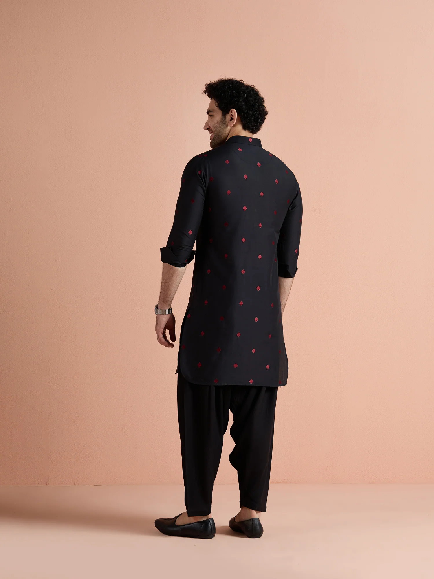 Black Cotton Embroidered Pathani Kurta Patiyala Set - Image 5