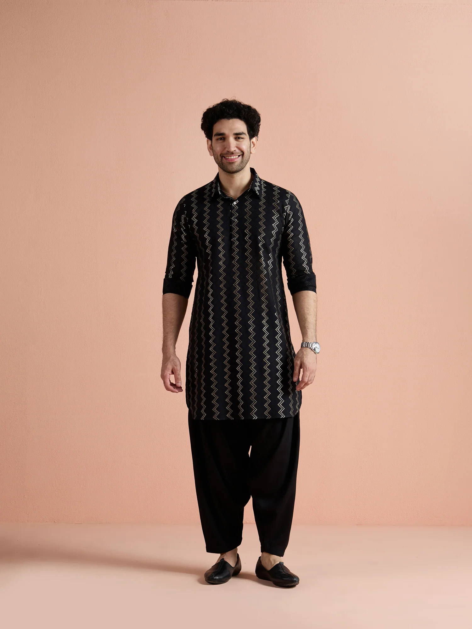 Black Cotton Jacquard Pathani Kurta - Image 4