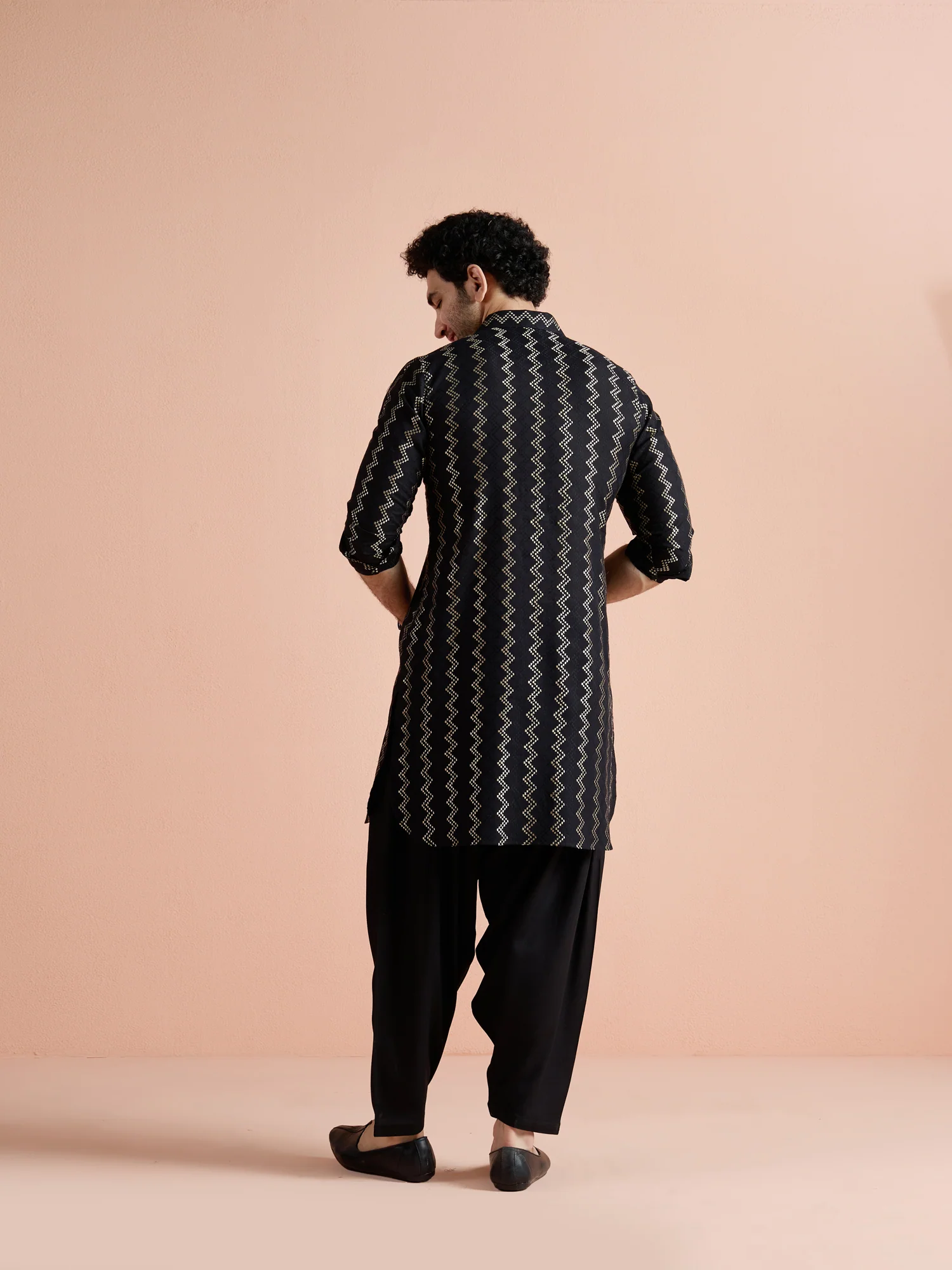 Black Cotton Jacquard Pathani Kurta - Image 5