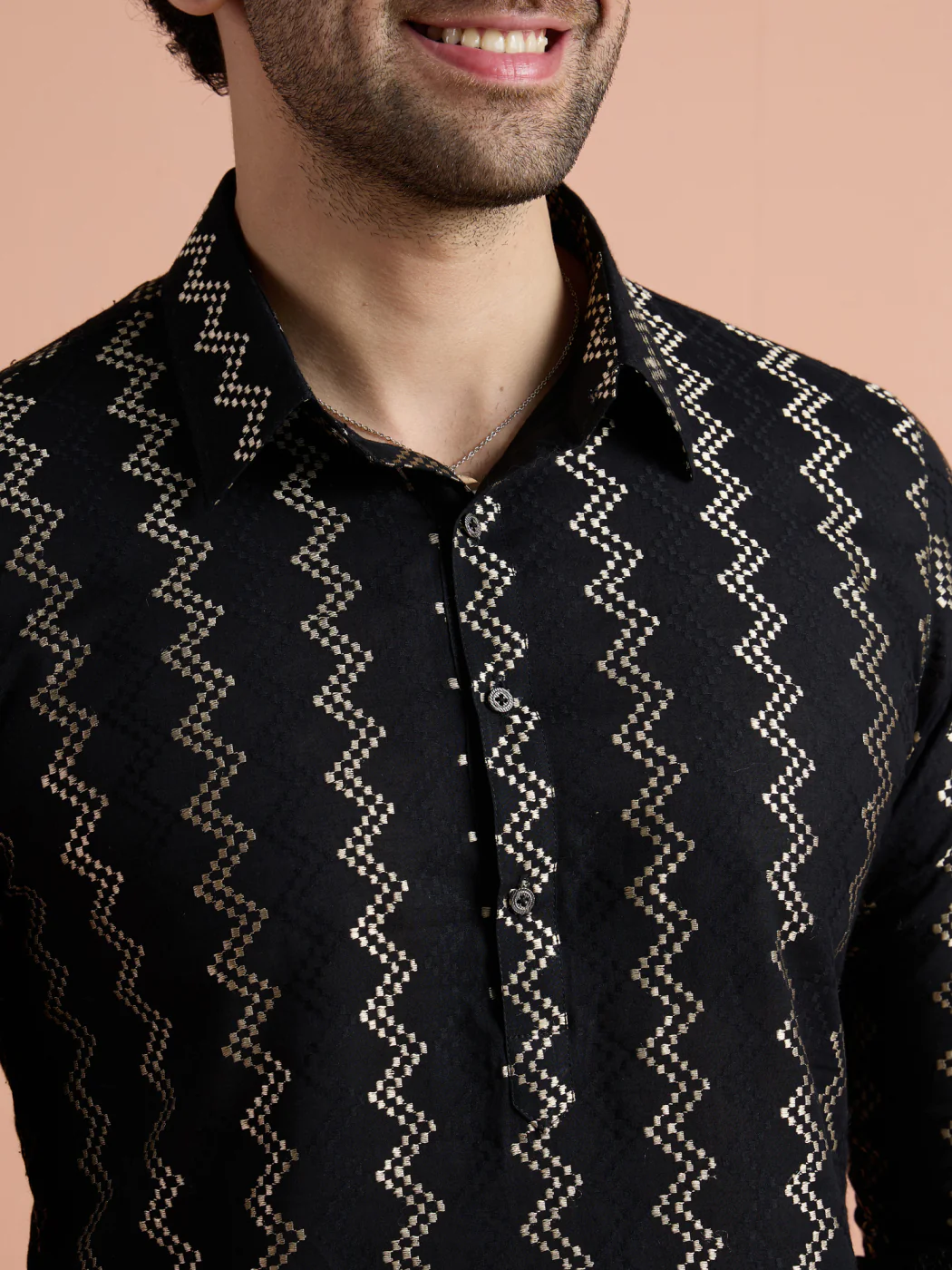 Black Cotton Jacquard Pathani Kurta - Image 6