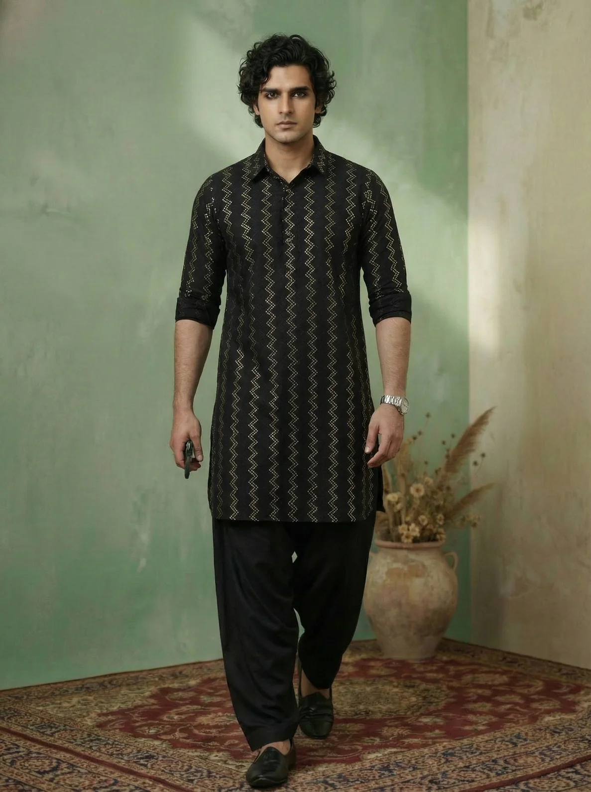 Black Cotton Jacquard Pathani Kurta Patiyala Set