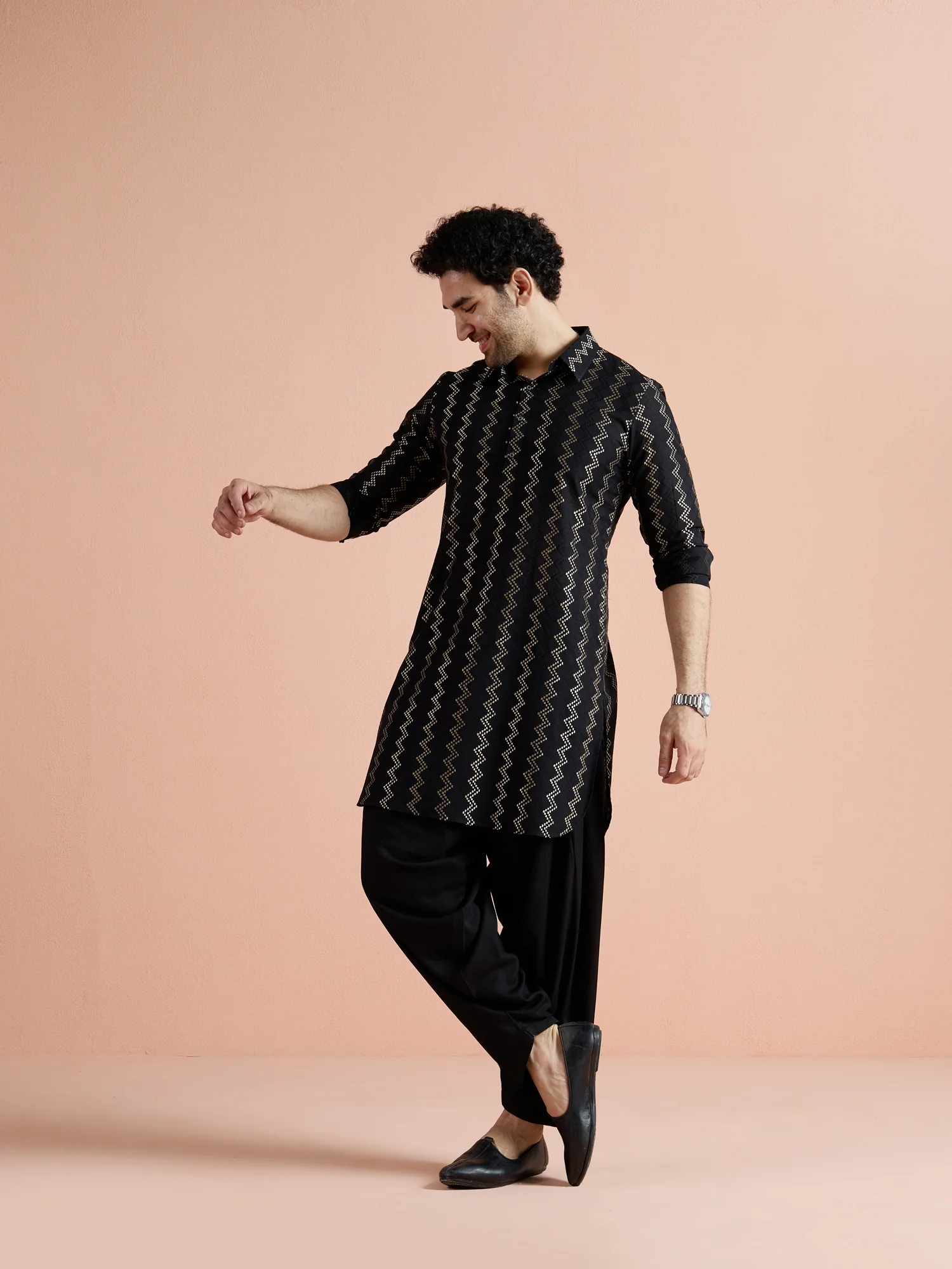Black Cotton Jacquard Pathani Kurta Patiyala Set - Image 2